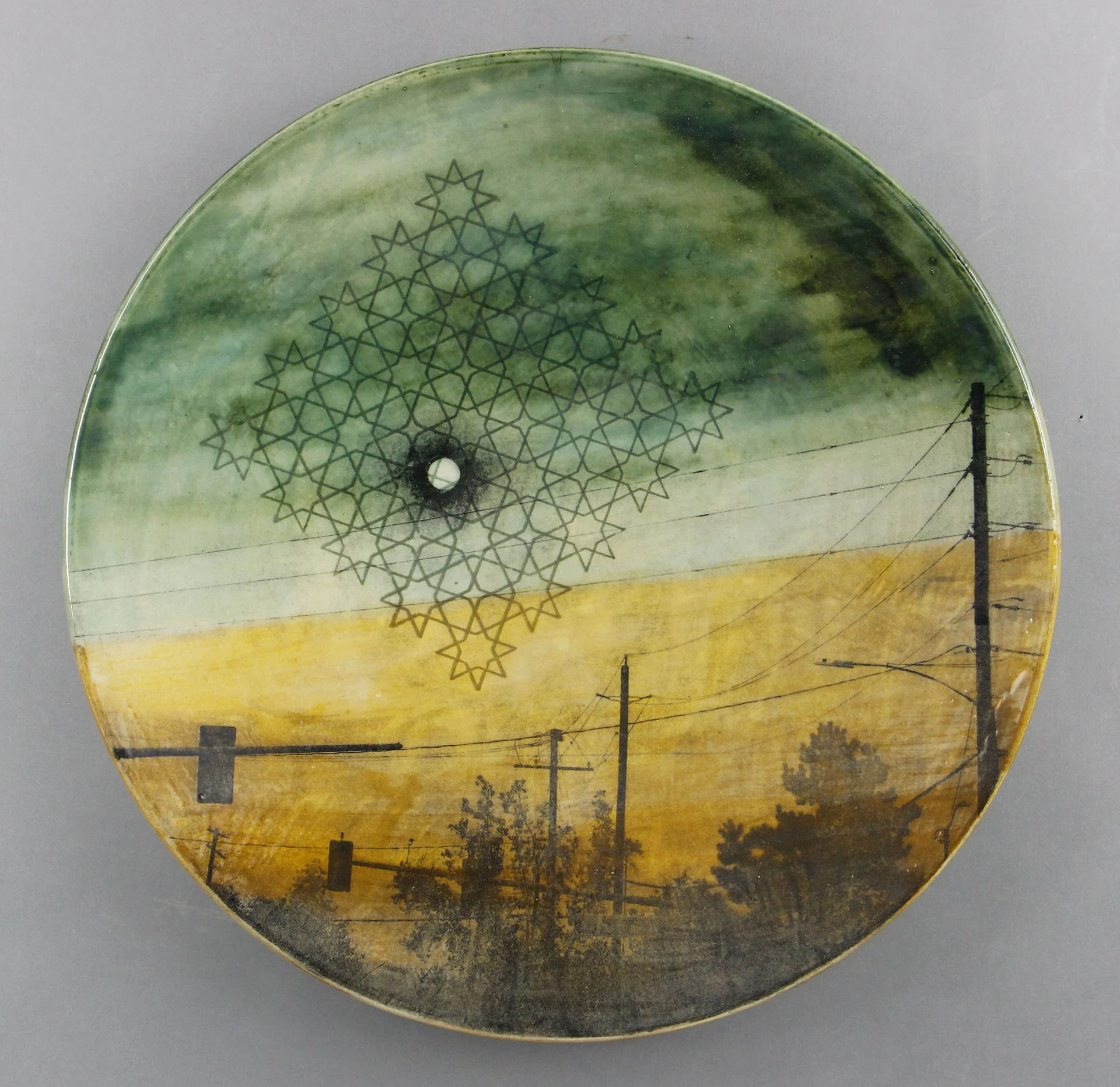  SUMMER Cone 5 clay, underglaze, litho transfer, oxides, glaze 17”x17”x2.5”     2022 