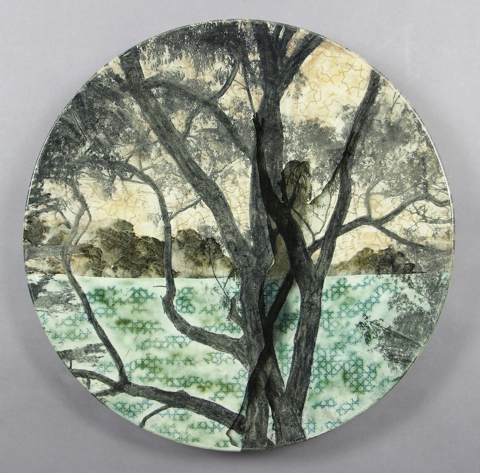  TREES Cone 5 clay, underglaze, litho transfer, oxides, glaze, decals 17”x17”x2”     2021 