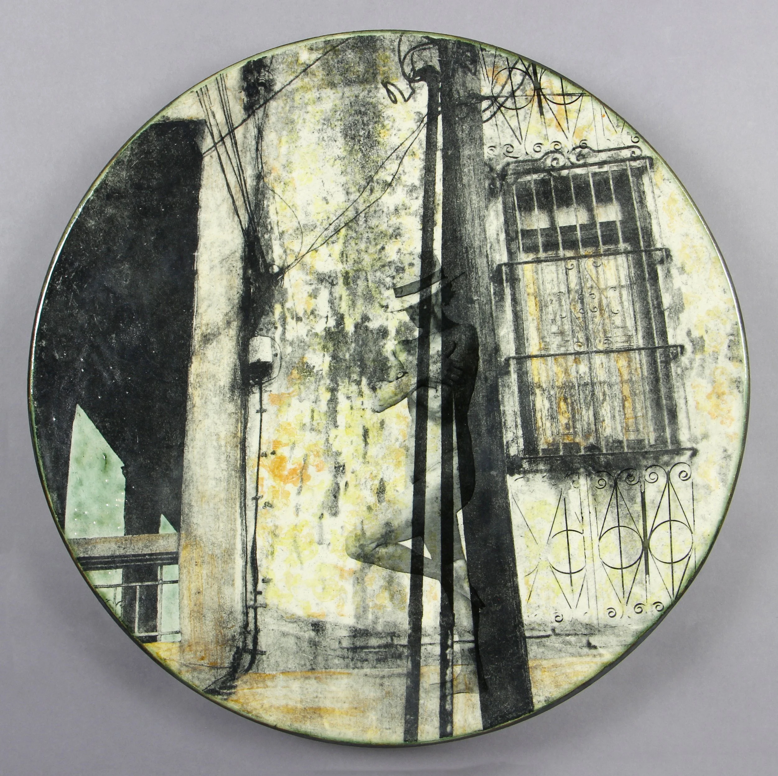  SANTIAGO Cone 5 clay, underglaze, litho transfer, oxides, glaze, decals 17”x17”x2.5”     2021 