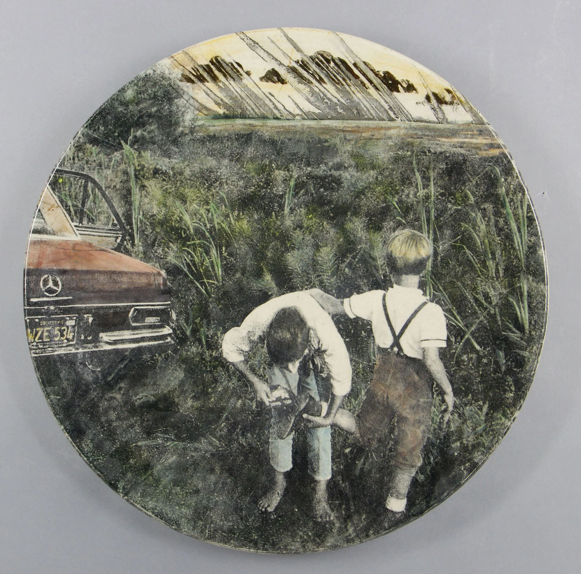  YOU AND ME Cone 5 clay, underglaze, litho transfer, oxides, glaze, decals 16.5”x16.5”x2.5”     2022 