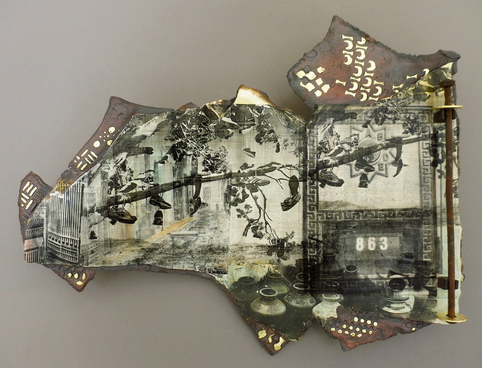  863 Cone 5 Clay, oxides, litho transfer, glaze, decals, metal, gold leaf 17.5”x22”x4”     2015 