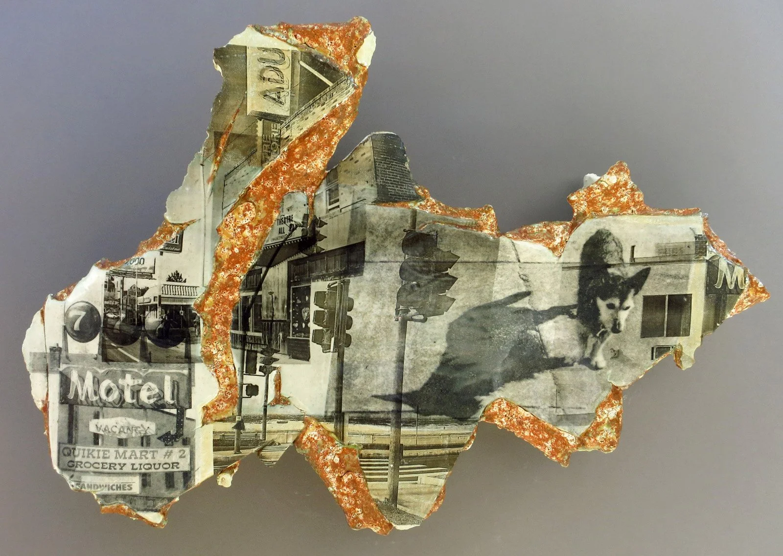  BIG DOG AND SHADOW ON THE LAM Cone 5 clay, oxides, Litho-type transfers, glaze, decals 14”x21”x3.5”&nbsp;&nbsp;    2014 