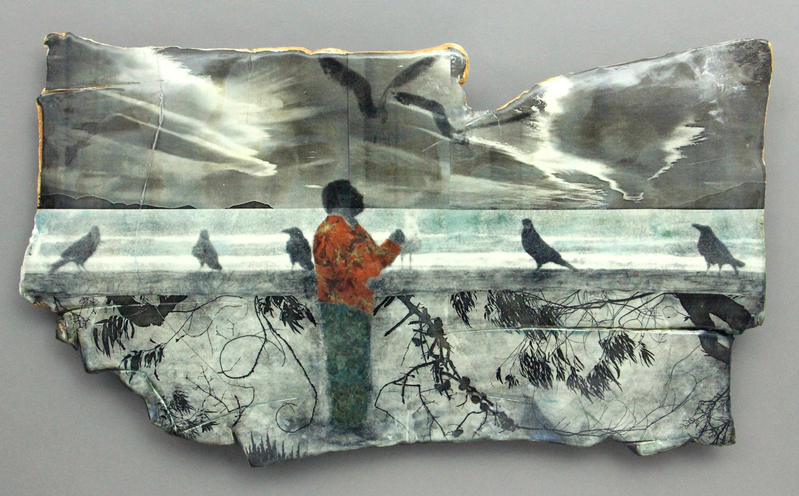  BY THE SEASIDE Cone 5 clay, litho transfer, oxides, glaze, decals, silver leaf 15”x25”x1.5”     2017 