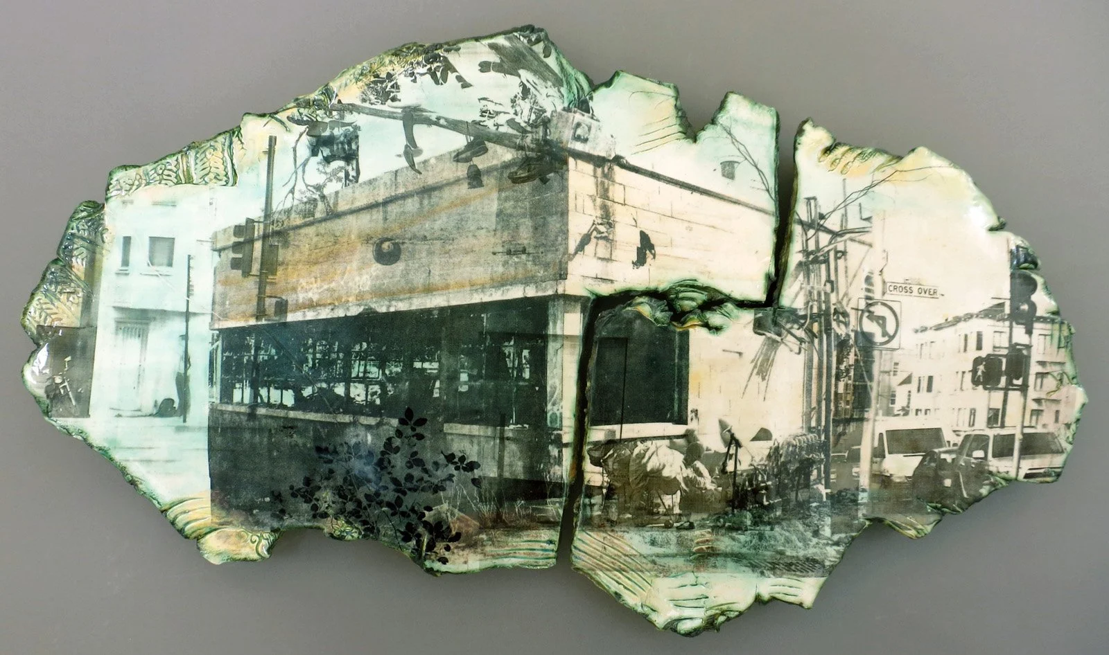  CROSS OVER Cone 5 Clay, oxides, litho-type transfers, glaze, decals 20”x32.5”x3”&nbsp;     2015 