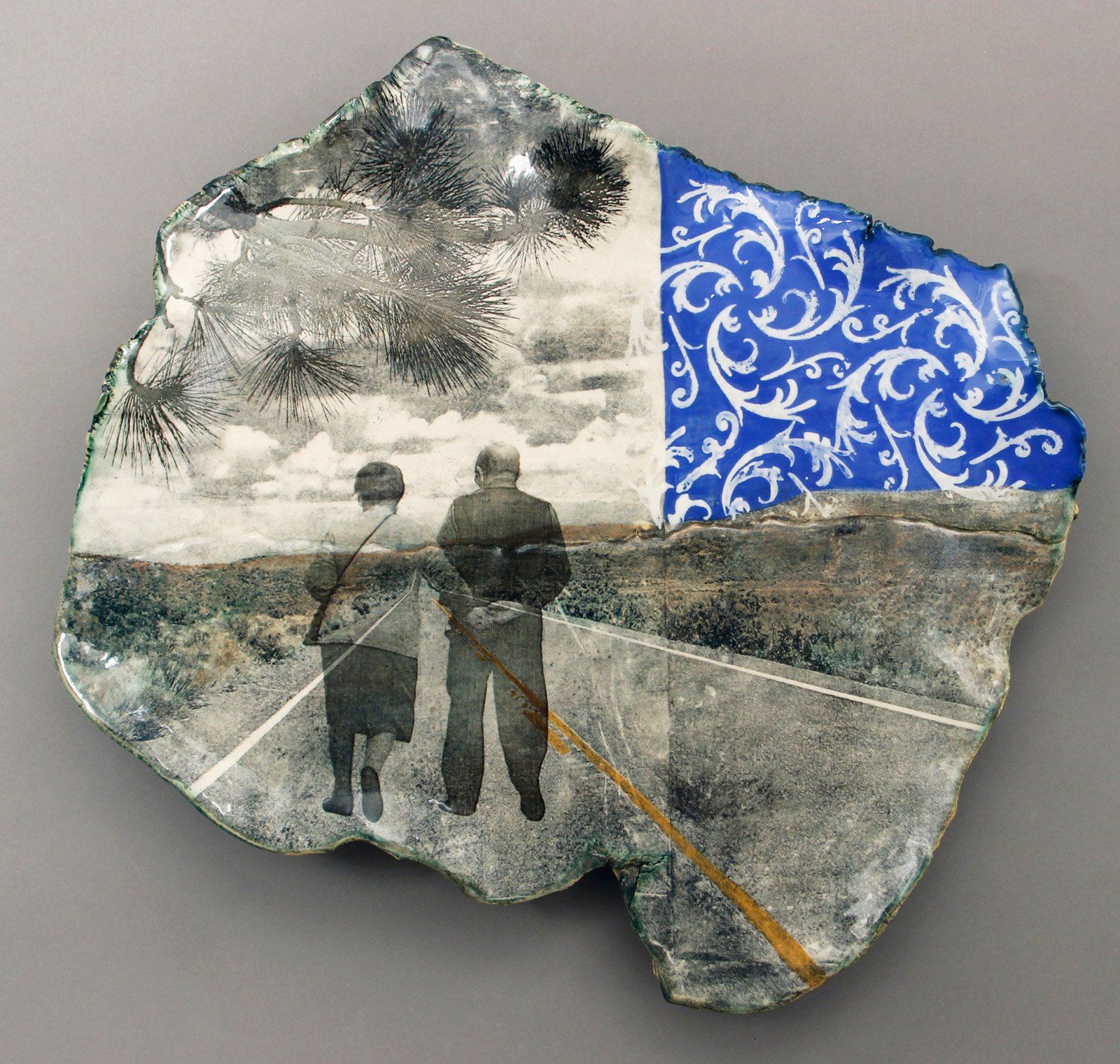  DOWN THE ROAD Cone 5 clay, litho transfer, oxides, underglaze, glaze, decal 15.5”x15.5”x2”     2017 