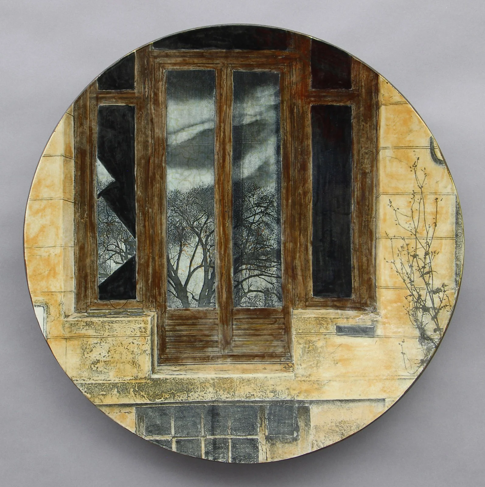  ACROSS THE STREET Cone 5 clay, underglaze, litho-transfer, oxides, glaze, overglaze, decals, gold lustre 16.5”x16.5”x2.5”     2023  ‍  ‍ 