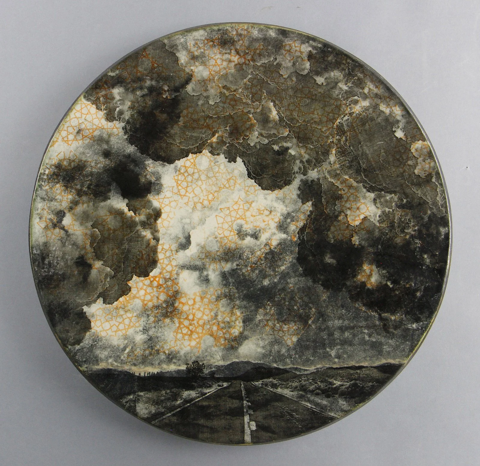  DRIVING INTO NIGHT Cone 5 clay, underglaze, litho transfer, oxides, glaze, decals 17”x17”x2.5”     2022  ‍  ‍ 