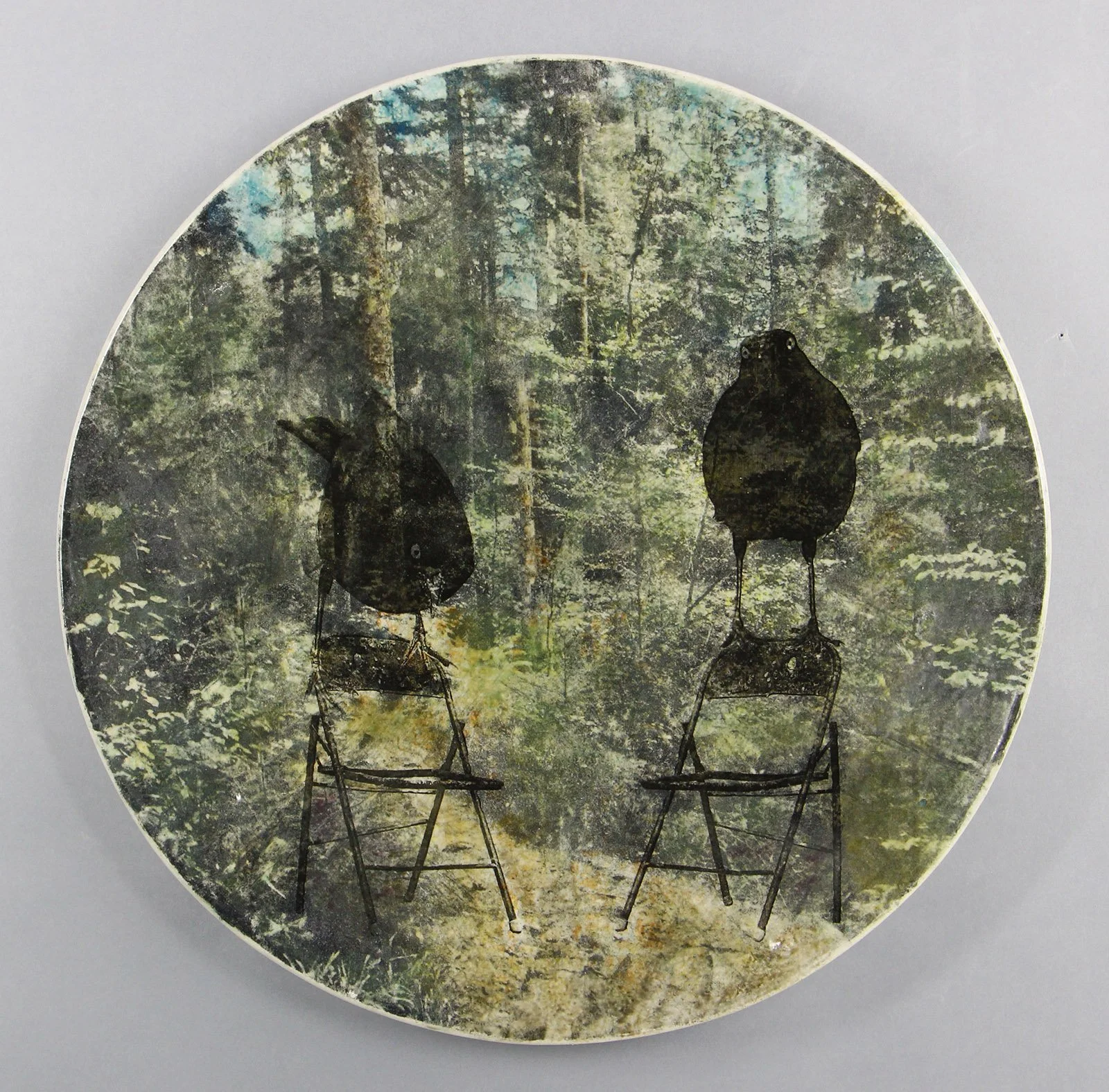  FOREST CONVERSATION Cone 5 clay, underglaze, litho transfer, oxides, glaze, decals, overglaze 16.5”x16.5”x2”     2022 