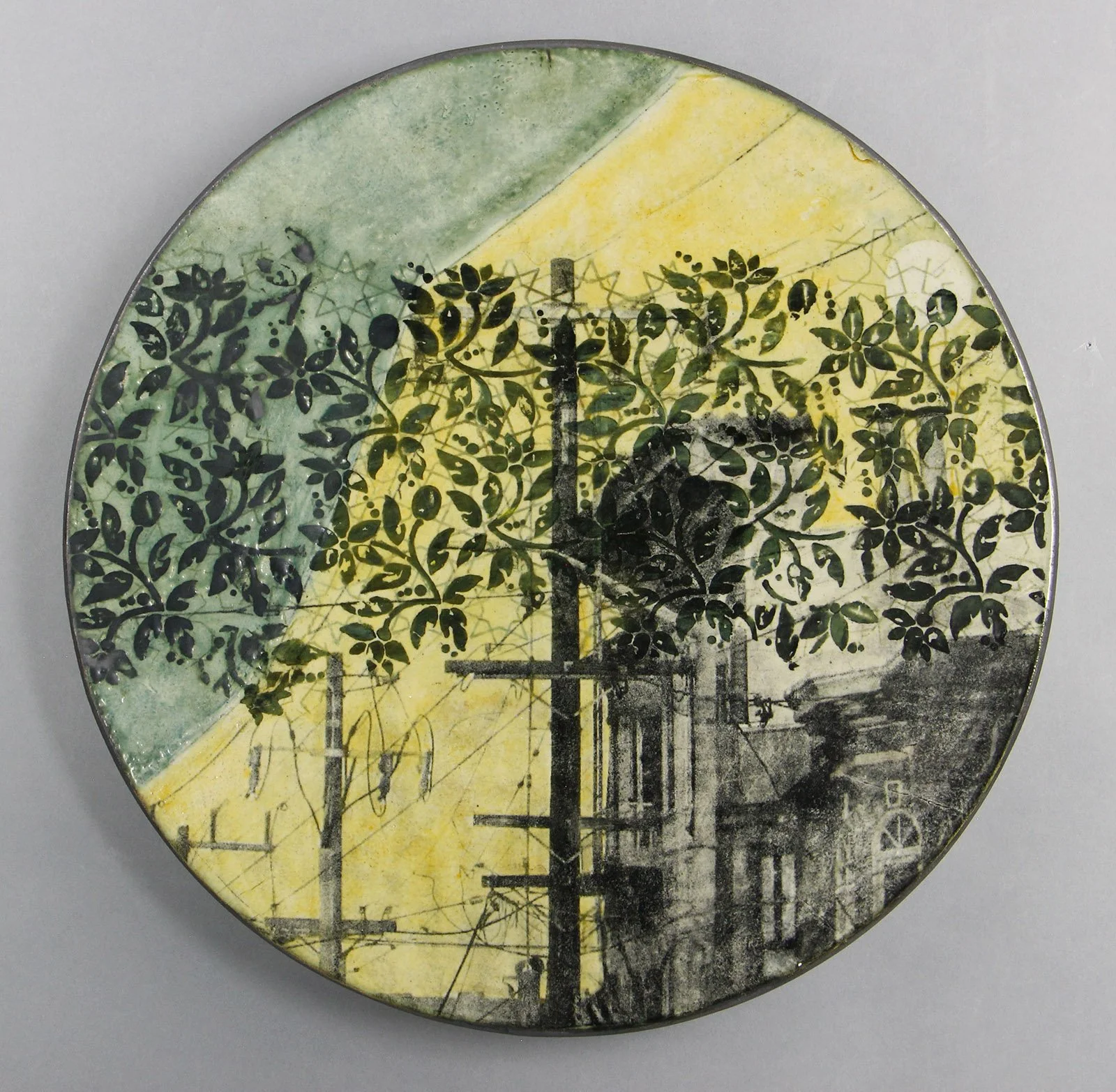  FULTON STREET MOON Cone 5 clay, underglaze, litho transfer, oxides, glaze, overglaze 17”x17”x2.5”     2022 