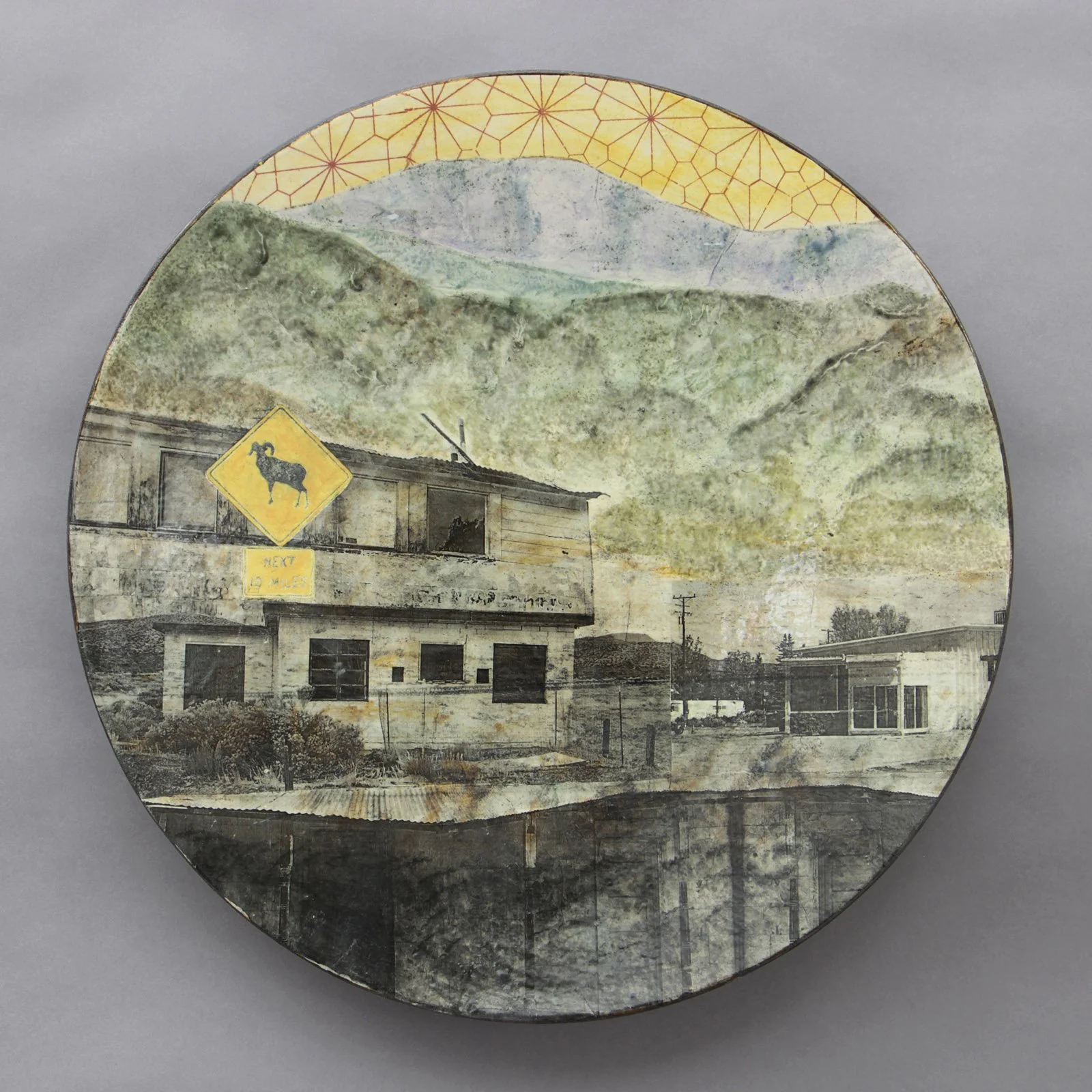  GHOST TOWN Cone 5 clay, litho transfer, underglaze, oxides, glaze, decals 17”x17”x2”     2026 