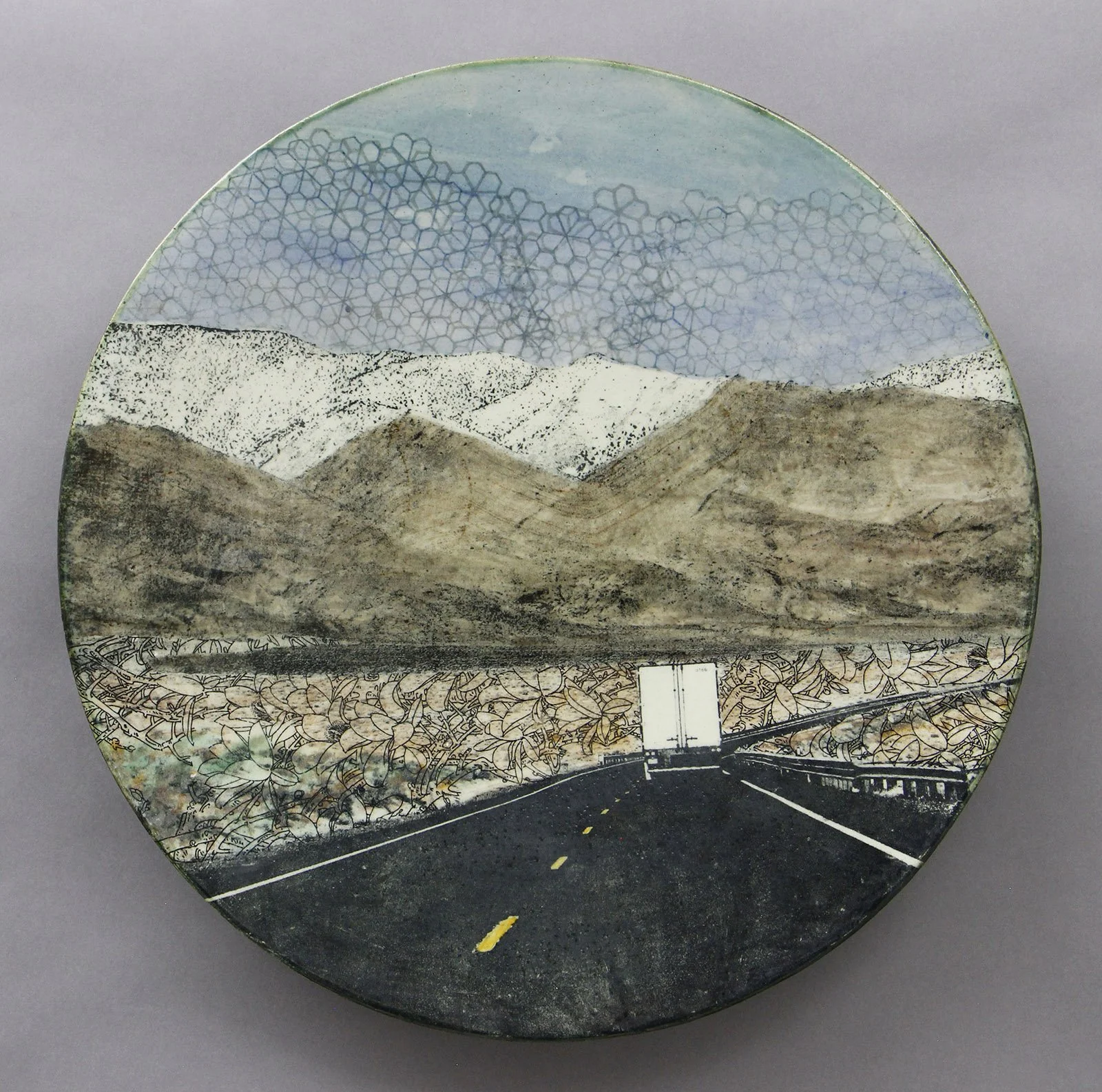  HAWTHORNE Cone 5 clay, underglaze, litho-transfer, oxides, glaze, overglaze, decals, gold lustre  16.5”x16.5”x2.5”     2023 