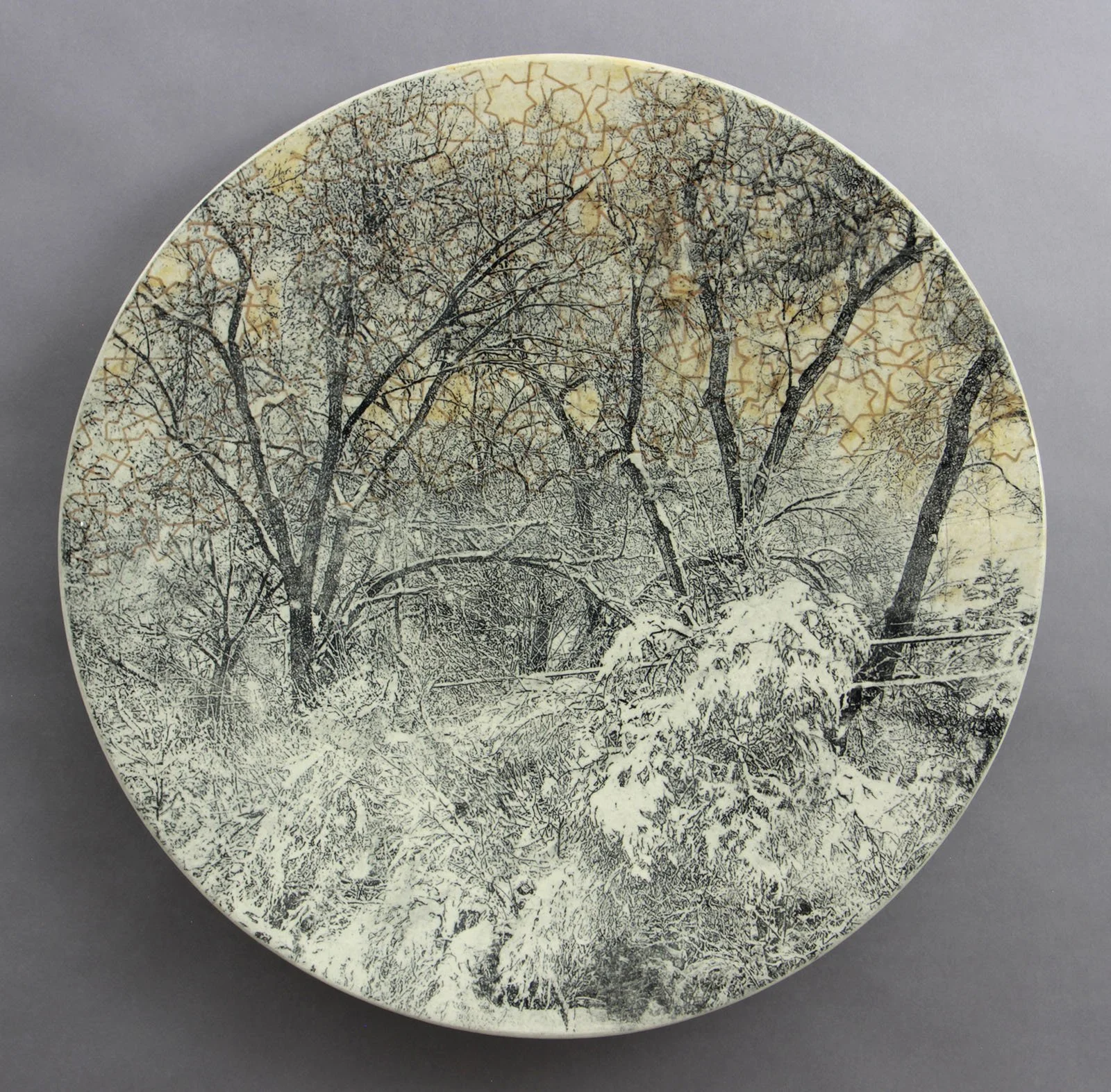  JUMBLE Cone 5 clay, litho transfer, underglaze, oxides, glaze 19”x19”x2.5”     2025 