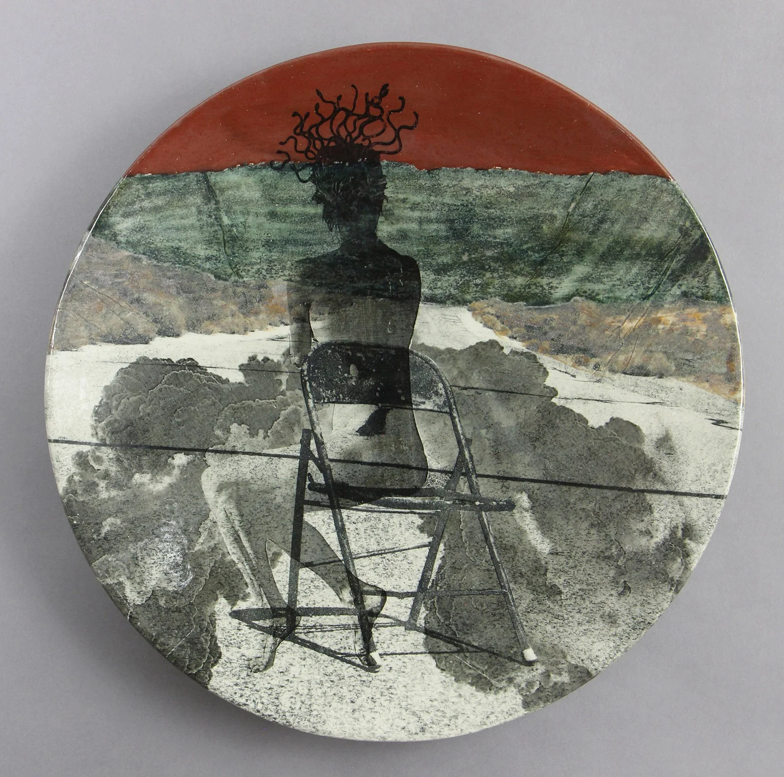  LA REINA Cone 5 clay, underglaze, litho transfer, oxides, glaze, decals 17”x17”x2.5”     2021 