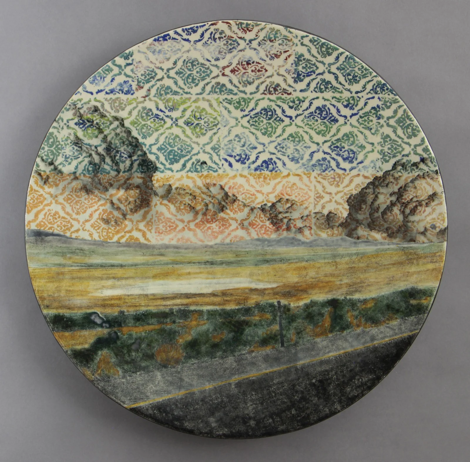  LONG VALLEY SOMETIMES Cone 5 clay, litho transfer, underglaze, oxides, glaze, overglaze, decal 16.5”x16.5”x2”     2025  &nbsp; 