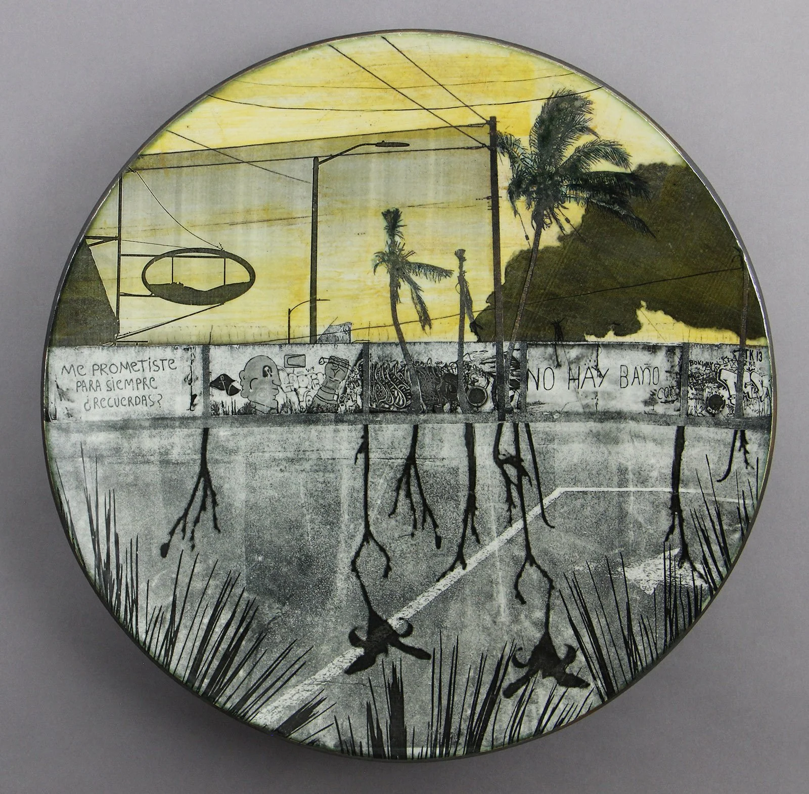  ME PROMETISTE Cone 5 clay, litho transfer, oxides, glaze, decals 16.5”x16.5”x2.5”     2022 