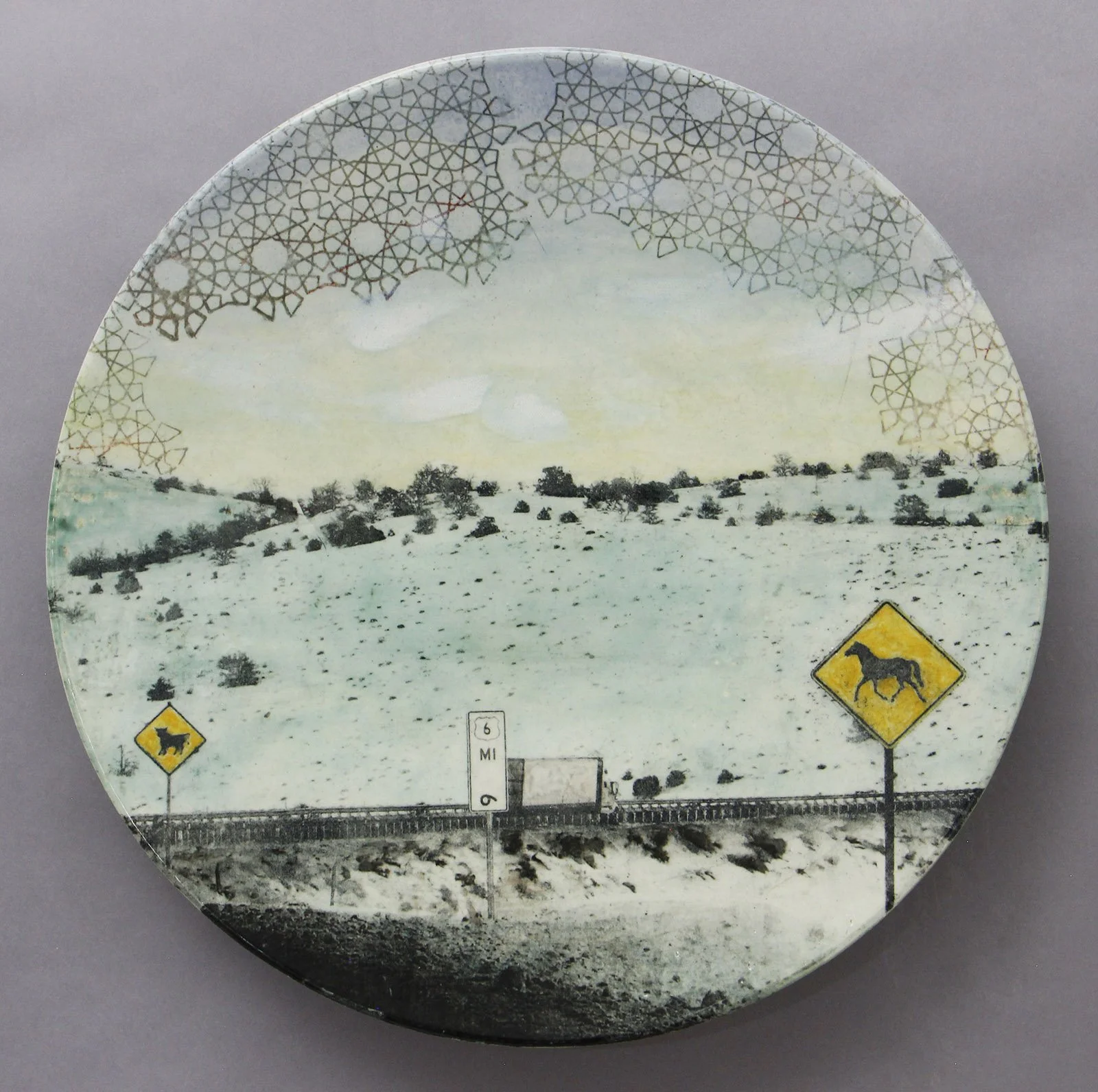  MONTGOMERY PASS Cone 5 clay, underglaze, litho-transfer, oxides, glaze, overglaze, decals 16.5”x16.5”x2.5”     2023 