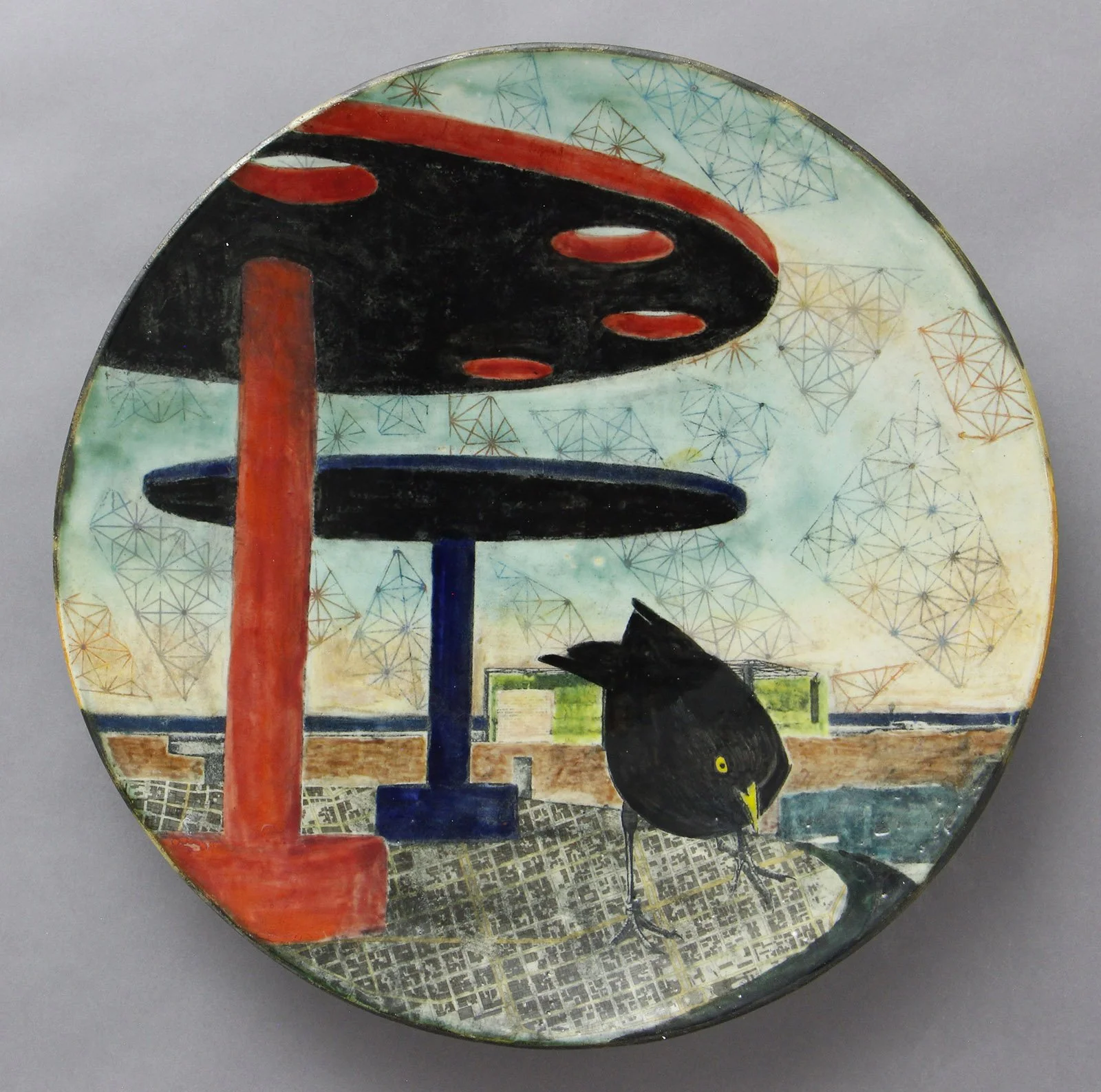  NENE TRAVIESA Cone 5 clay, underglaze, litho-transfer, oxides, glaze, decals 16.5”x16.5”x2.5”     2023 
