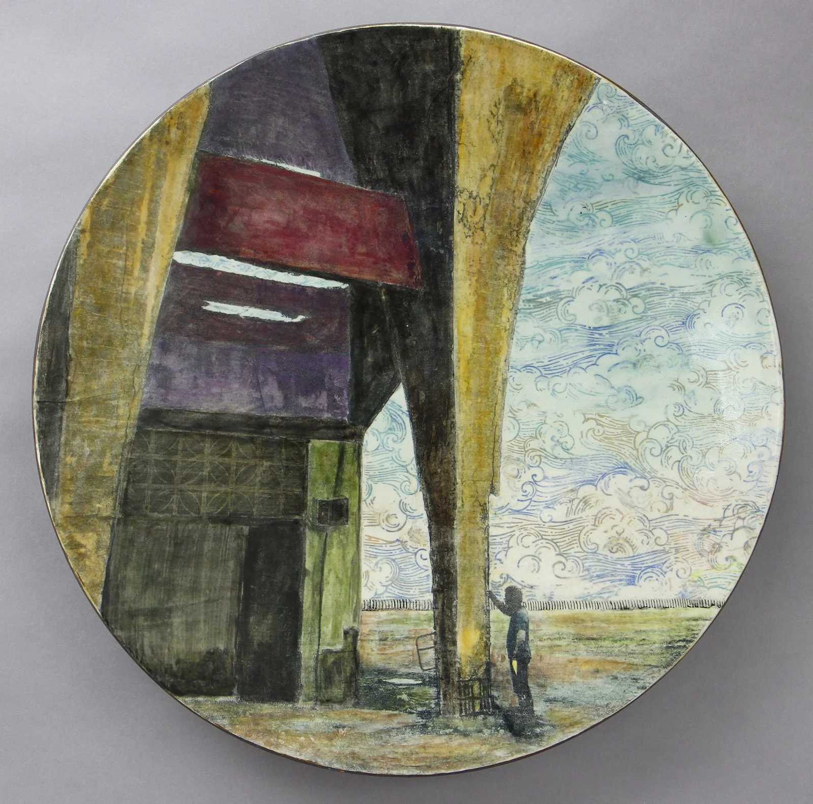  POR MUCHO HIERRO Cone 5 clay, underglaze, litho-transfer, oxides, glaze, overglaze 16.5”x16.5”x2.5”     2023 