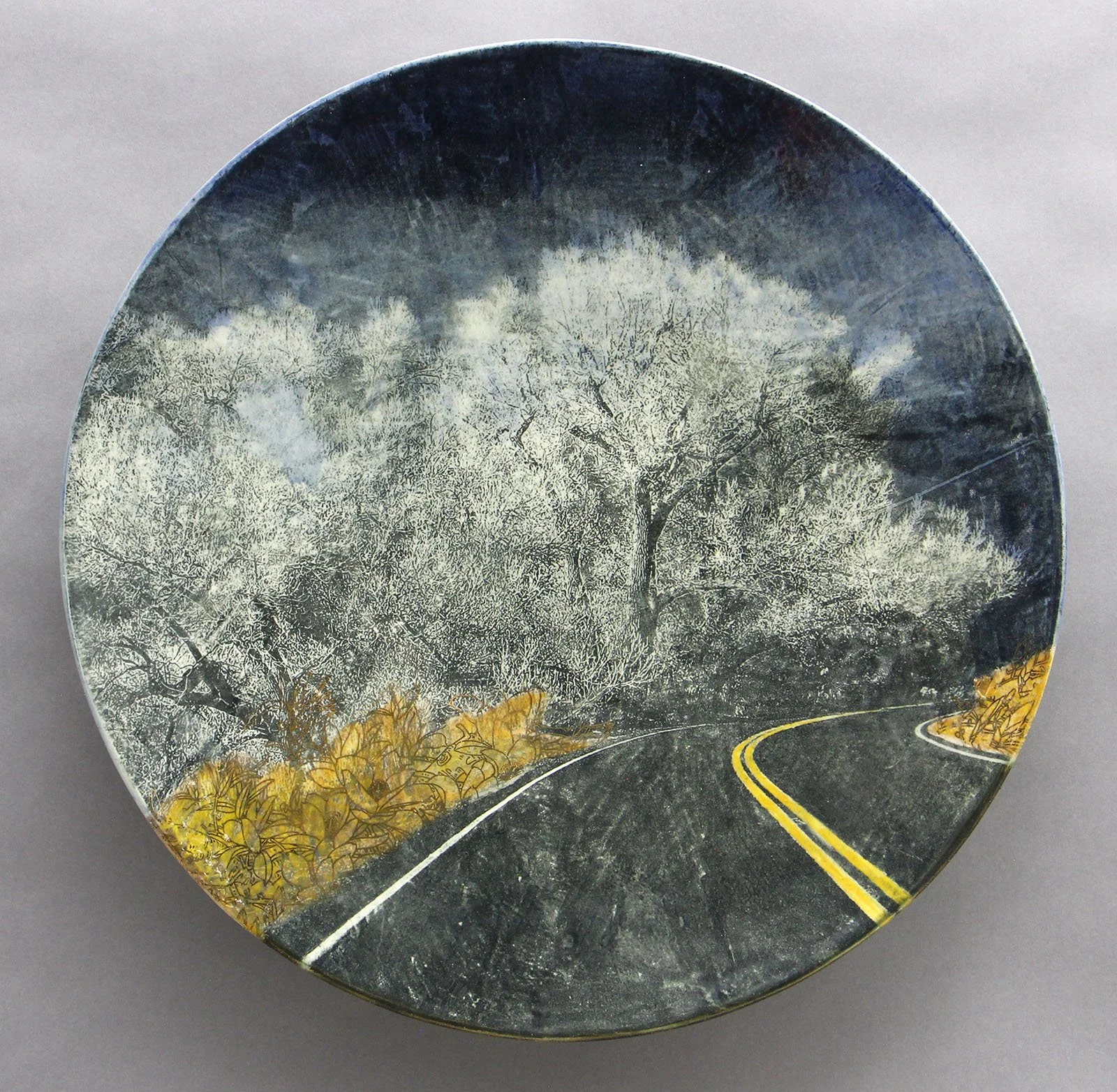  RED ROCK ROAD POGO NIP Cone 5 clay, litho-transfer, underglaze, oxides, glaze, gold decals 16.5”x16.5”x2.5”     2023 