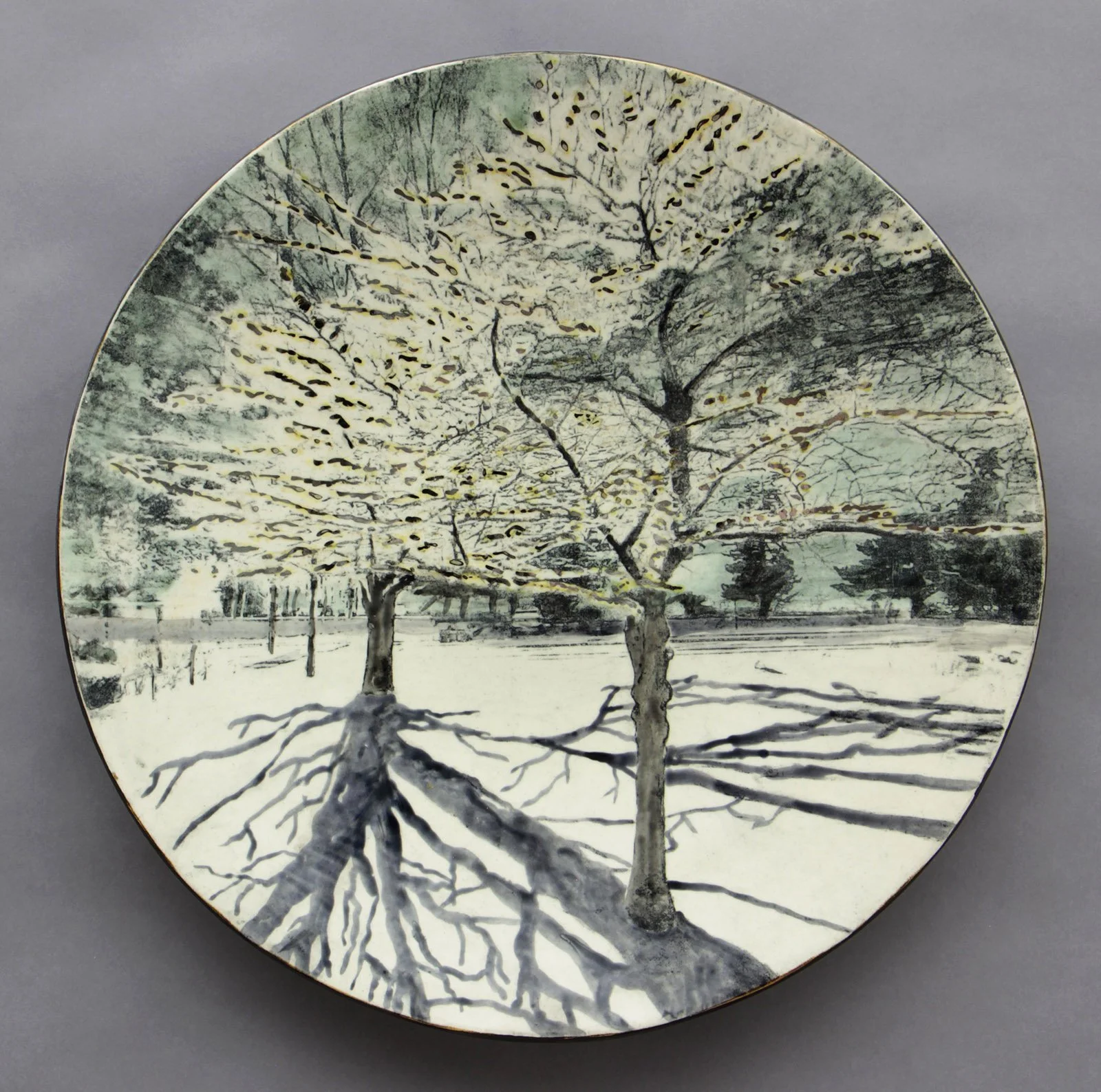  WINTER NIGHT PARK Cone 5 clay, litho transfer, underglaze, oxides, glaze, overglaze, lustre 16.5”x16.5”x2”     2025 