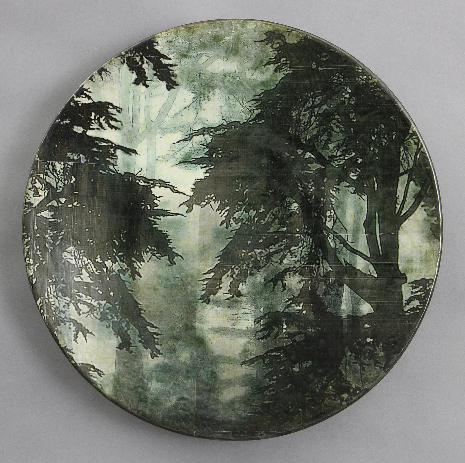  CLEARING Cone 5 clay, Underglaze, litho transfer, oxides, glaze, decals 16.5x16.5x2”     2024 