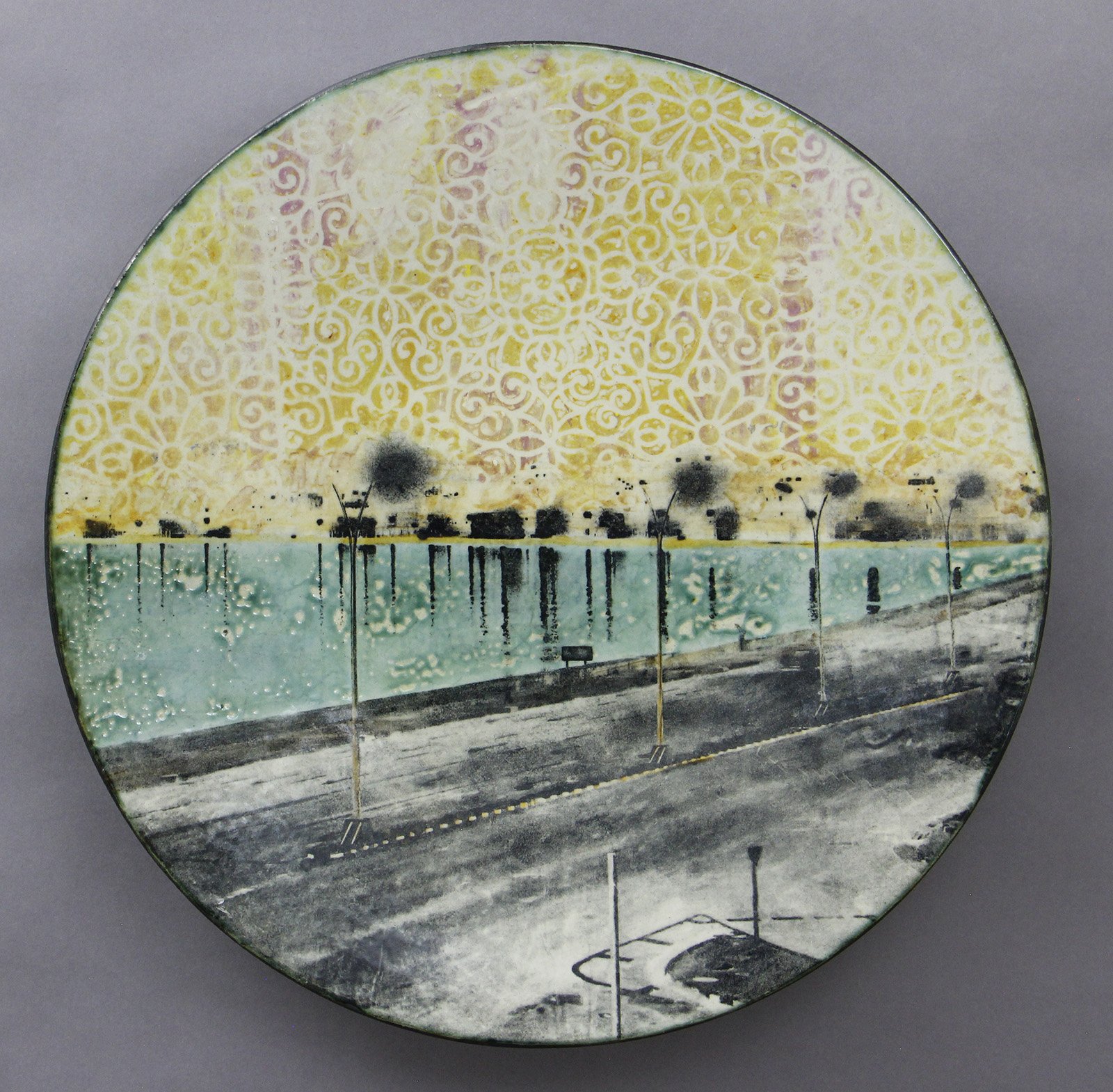  BAHIA Cone 5 clay, Underglaze, litho transfer, oxides, glaze 16.5x16.5x2”     2024 