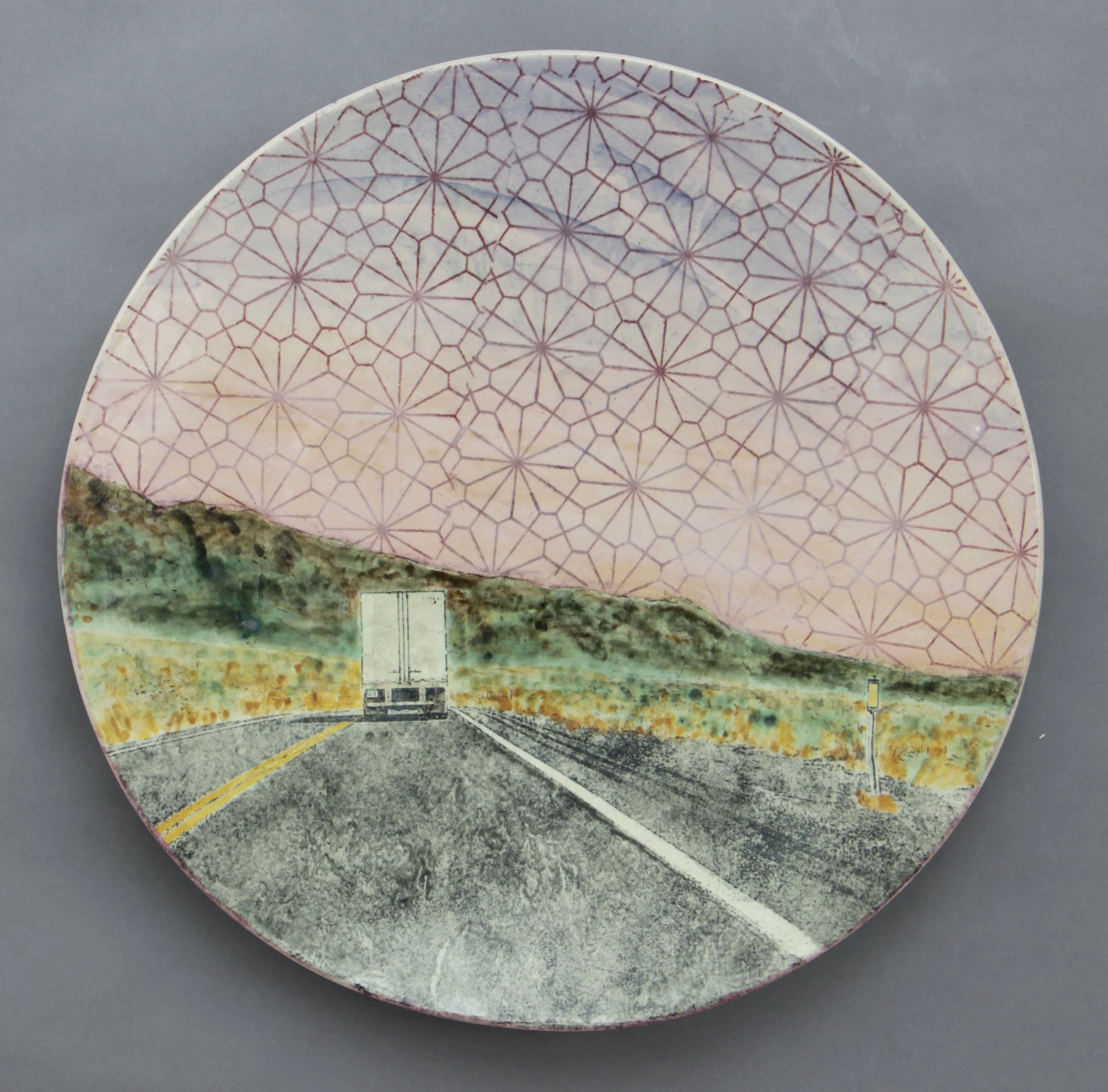  WALKER LAKE Cone 5 clay, litho transfer, underglaze, oxides, glaze 16.5”x16.5”x2”     2025 