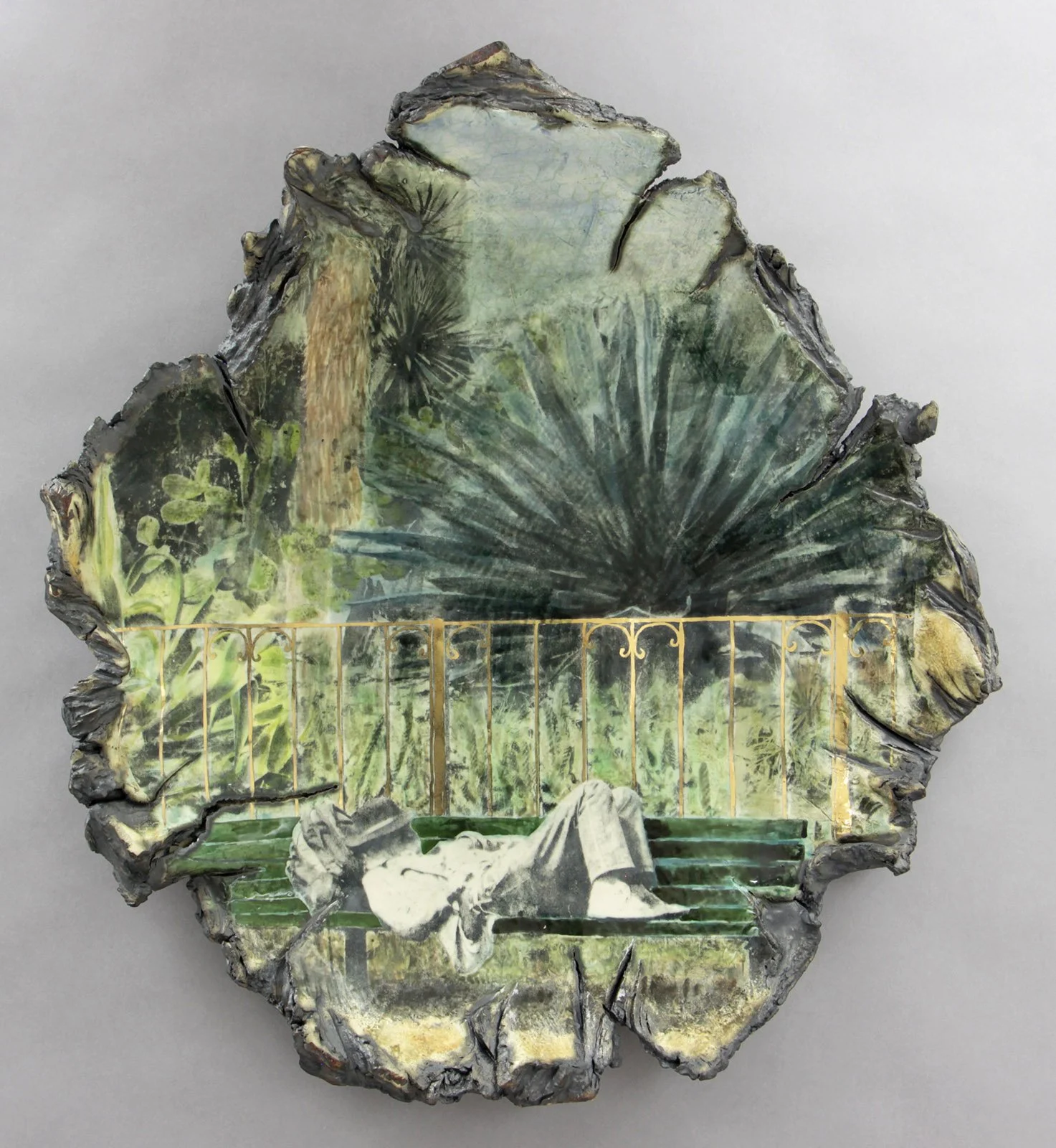  DAHLIA DELL Cone 5 clay, Underglaze, litho transfer, oxides, glaze, overglaze, lustre 21”x20”x4”     2024 