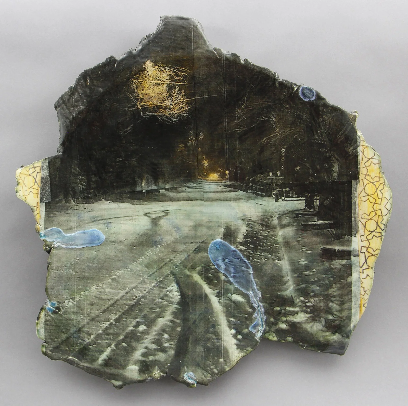  DARK SNOWY NIGHT Cone 5 clay, underglaze, litho-transfer, oxides, glaze, glass, decals 19”x19”x2”     2023&nbsp; 