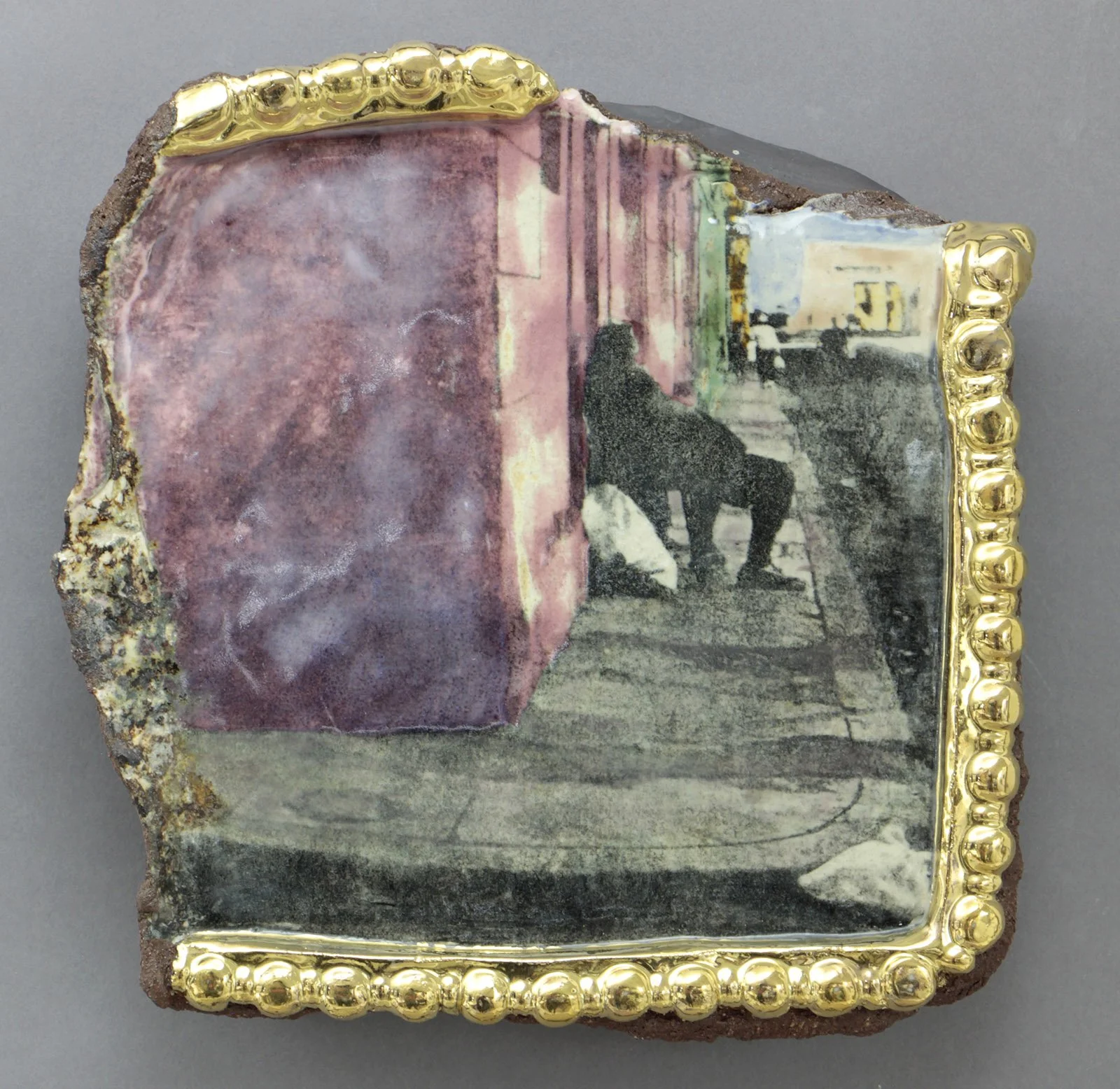  ESQUINA NEPTUNO Cone 5 clay, litho transfer, oxides, glaze, lustre 8.5”x8.5”x2.5”     2025 