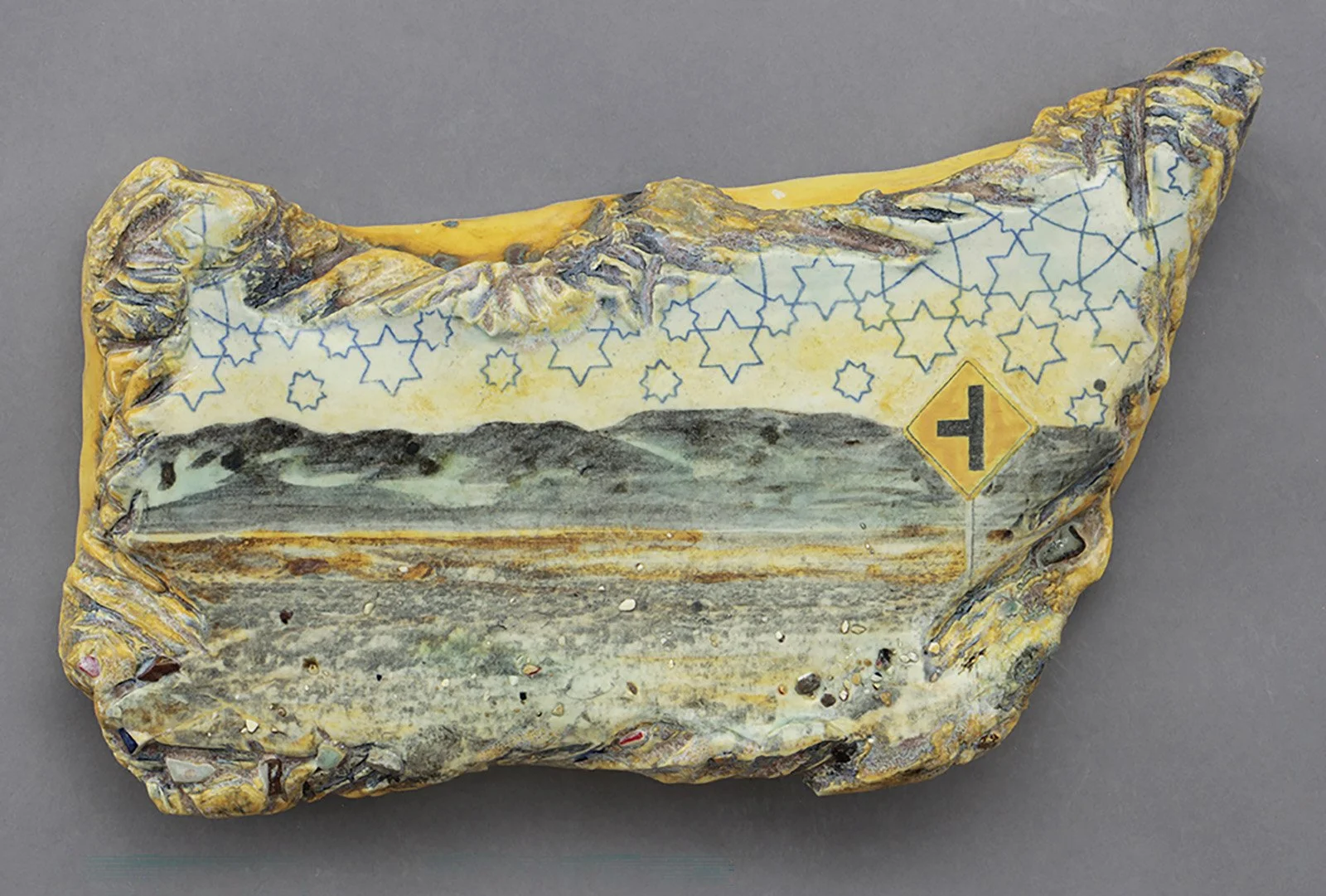  GREAT BASIN AFTERNOON Cone 5 clay, litho transfer, underglaze, oxides, shards, glaze, overglaze 11”x7.5”x1.5”     2025 