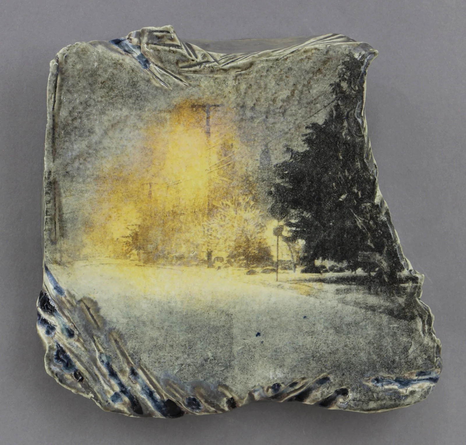  MAGRITTE EVENING NEIGHBORHOOD Cone 5 clay, litho transfer, oxides, glaze, glass 7.5”x7”x2”     2025 