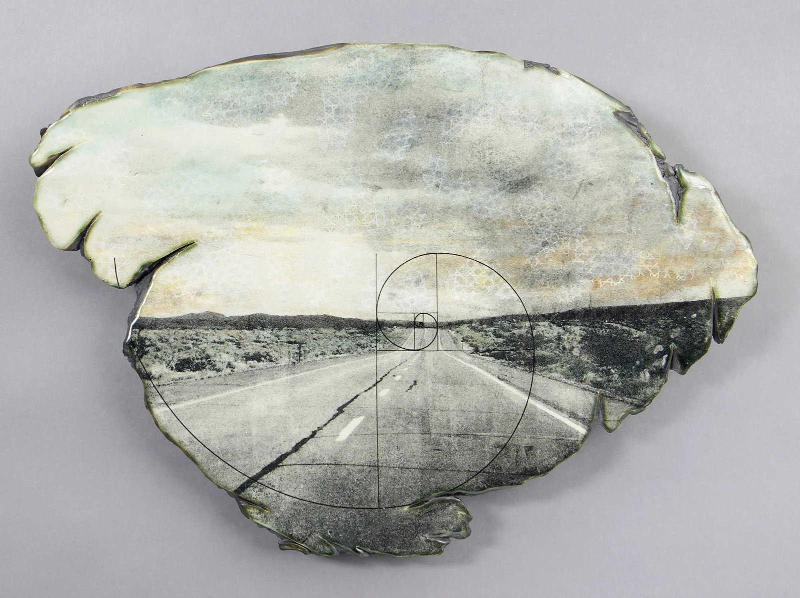  MEASURE Cone 5 clay, litho transfer, underglaze, oxides, glaze, decals 19”x13.5”x1.75”     2020 