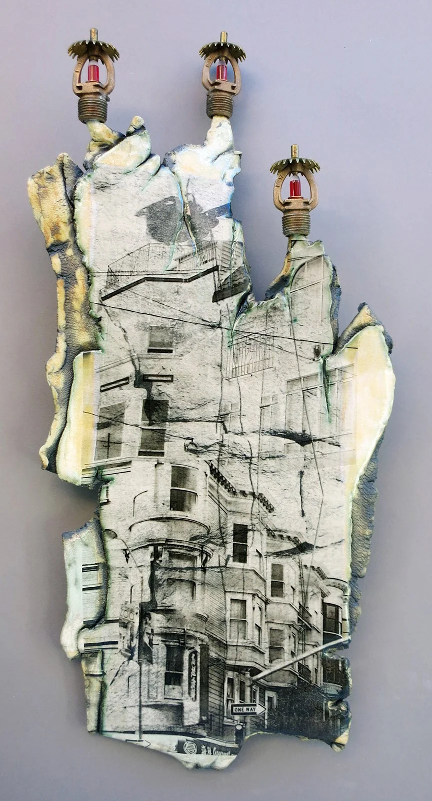  MINARETS Cone 5 clay, oxides, Litho-type transfers, glaze, decals, sprinkler heads 23”x11”x3”&nbsp;      2014 