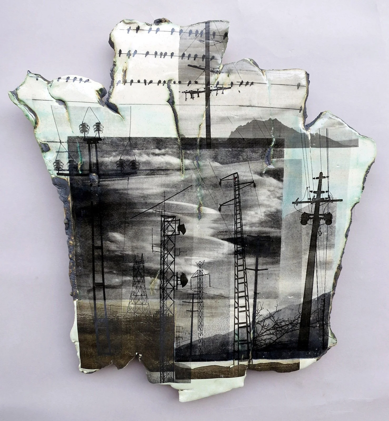  POLE LINES Cone 5 clay, oxides, litho-type transfers, glaze, decals 19”x17”x1.5”&nbsp;&nbsp;     2014 