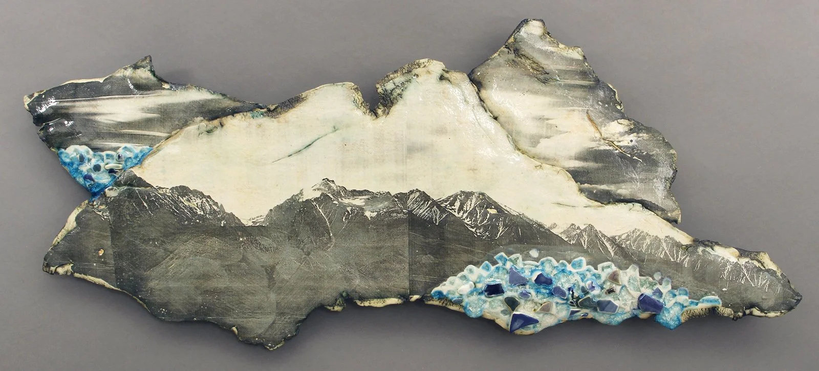  RANGE OF LIGHT Cone 5 clay, litho transfer, oxides, glaze, glass, decals 28”x12”x1.5”     2017 