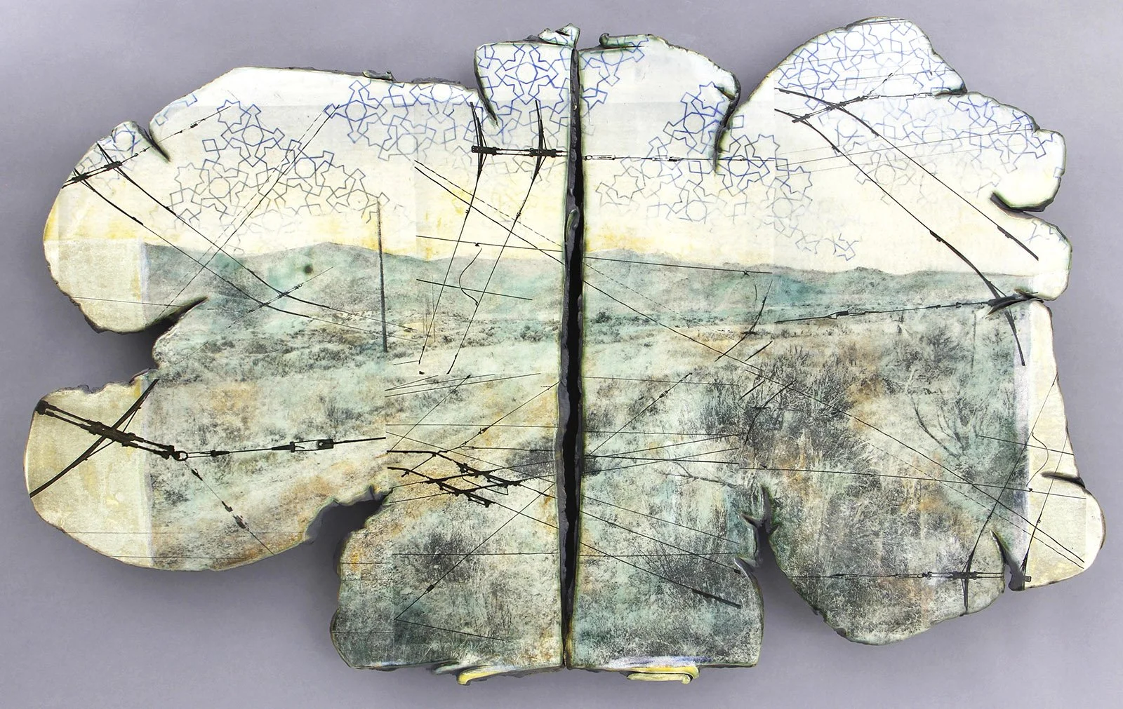  SEGMENTS Cone 5 clay, litho transfer, underglaze, oxides, glaze, decals 33”x21”x2.75”&nbsp;&nbsp;&nbsp;&nbsp; &nbsp;2020 