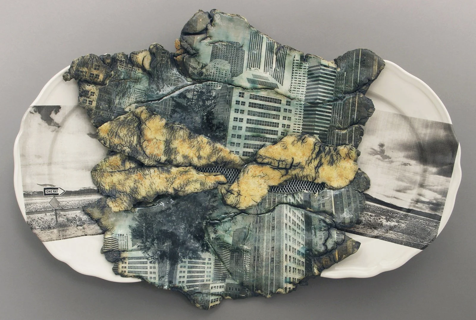  SPLIT Cone 5 clay, plate, litho transfer, oxides, glaze, decals 22“x 15“x 4 “     2017 