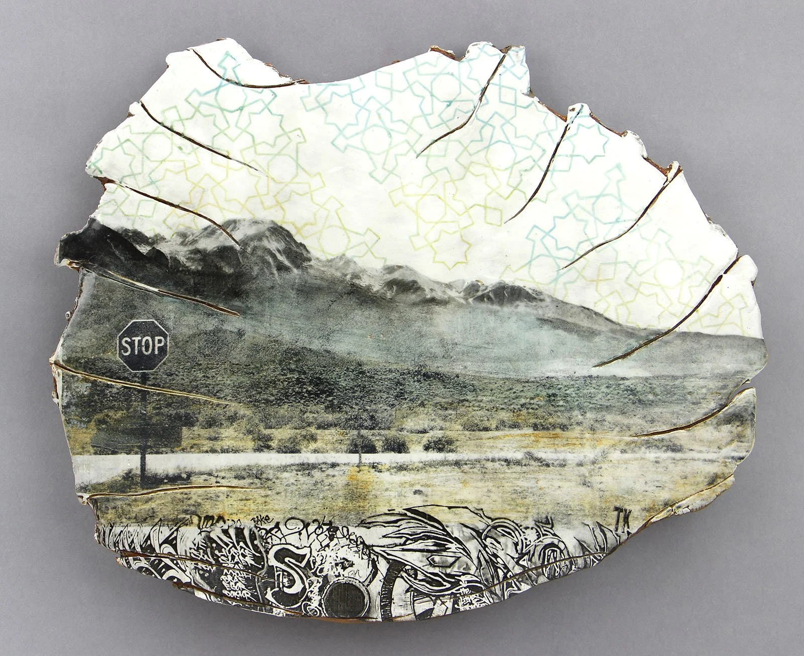  TATTOO Cone 5 clay, litho transfer, underglaze, oxides, glaze, decals 15”x12.5”x2”     2020 