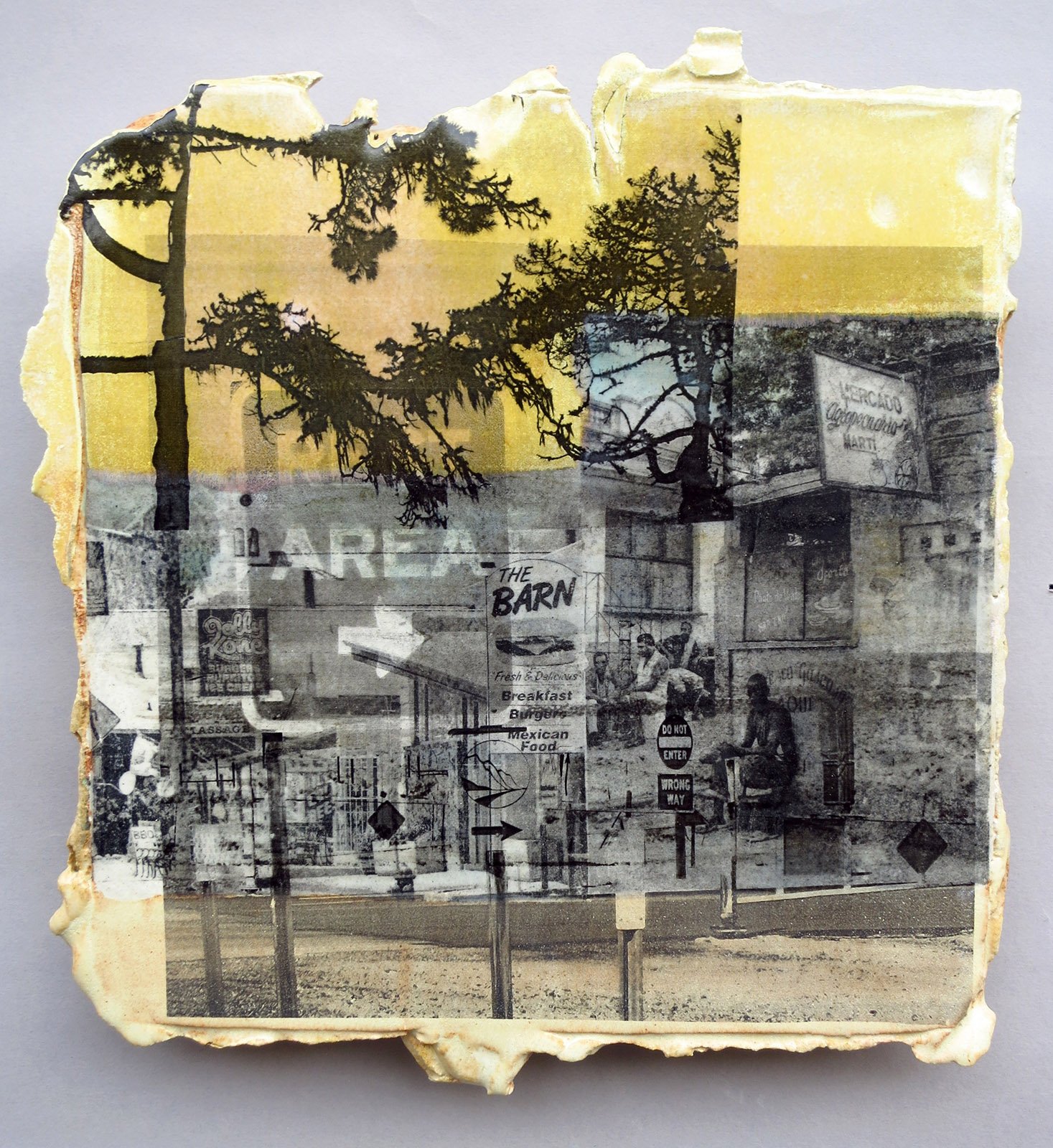  THE BARN Cone 5 clay, oxides, litho-type transfers, glaze, decals 11”x10”x1.5”&nbsp;&nbsp;&nbsp;&nbsp; 2014 