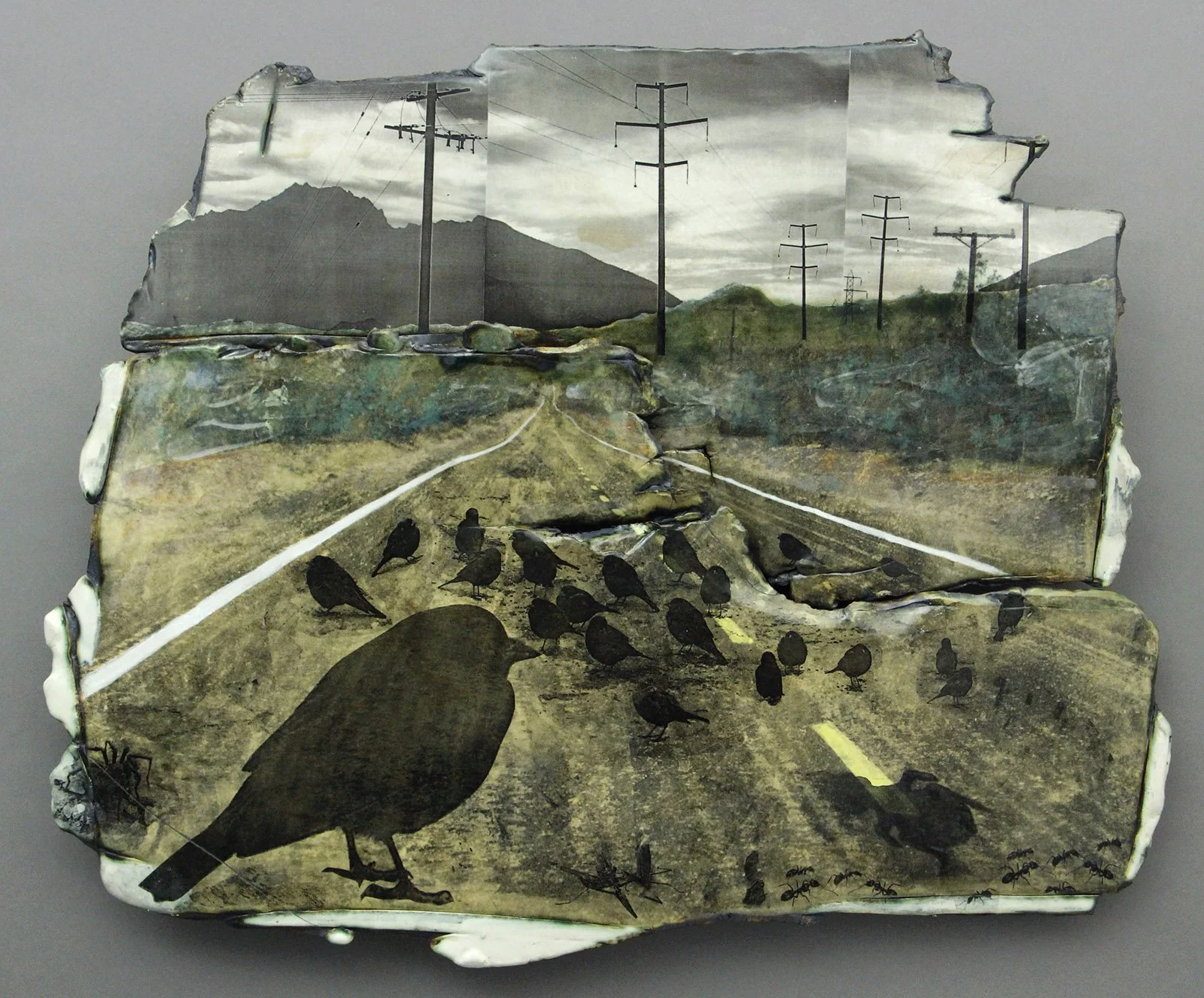  THE ROAD Cone 5 clay, litho transfer, underglaze, oxides, glaze, laser decals 21”x26”x3”     2017 