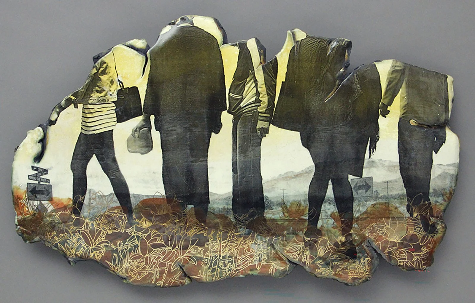  WALKING ABOUT Cone 5 clay, litho transfer, oxides, glaze, laser, color and gold decals 11”x18”x1.5”     2017 