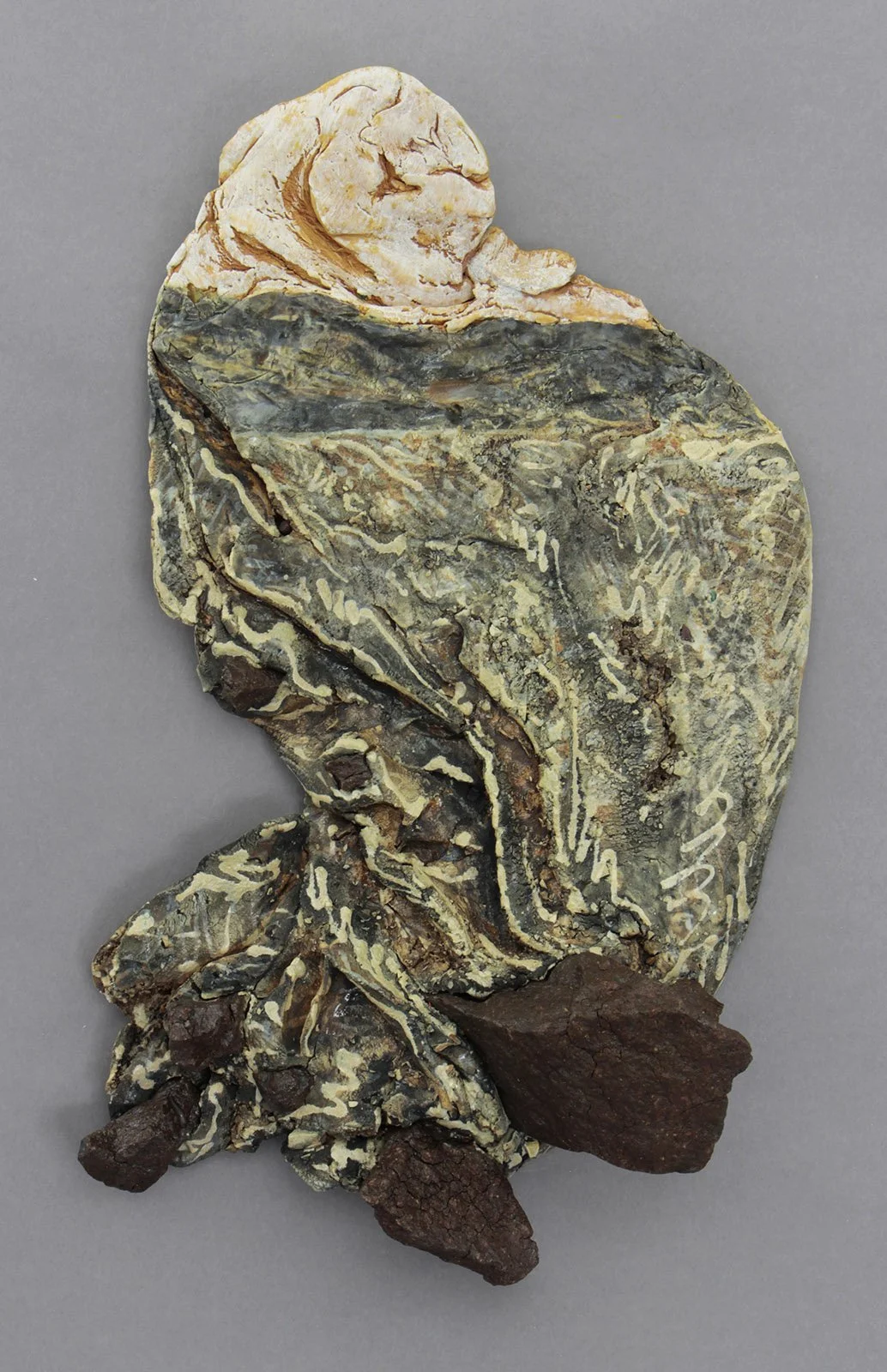  IN MOTION Cone 5 Clay, underglaze, oxides, glaze, sherds, rocks, epoxy 17”x12”x4”     2026&nbsp;&nbsp; 