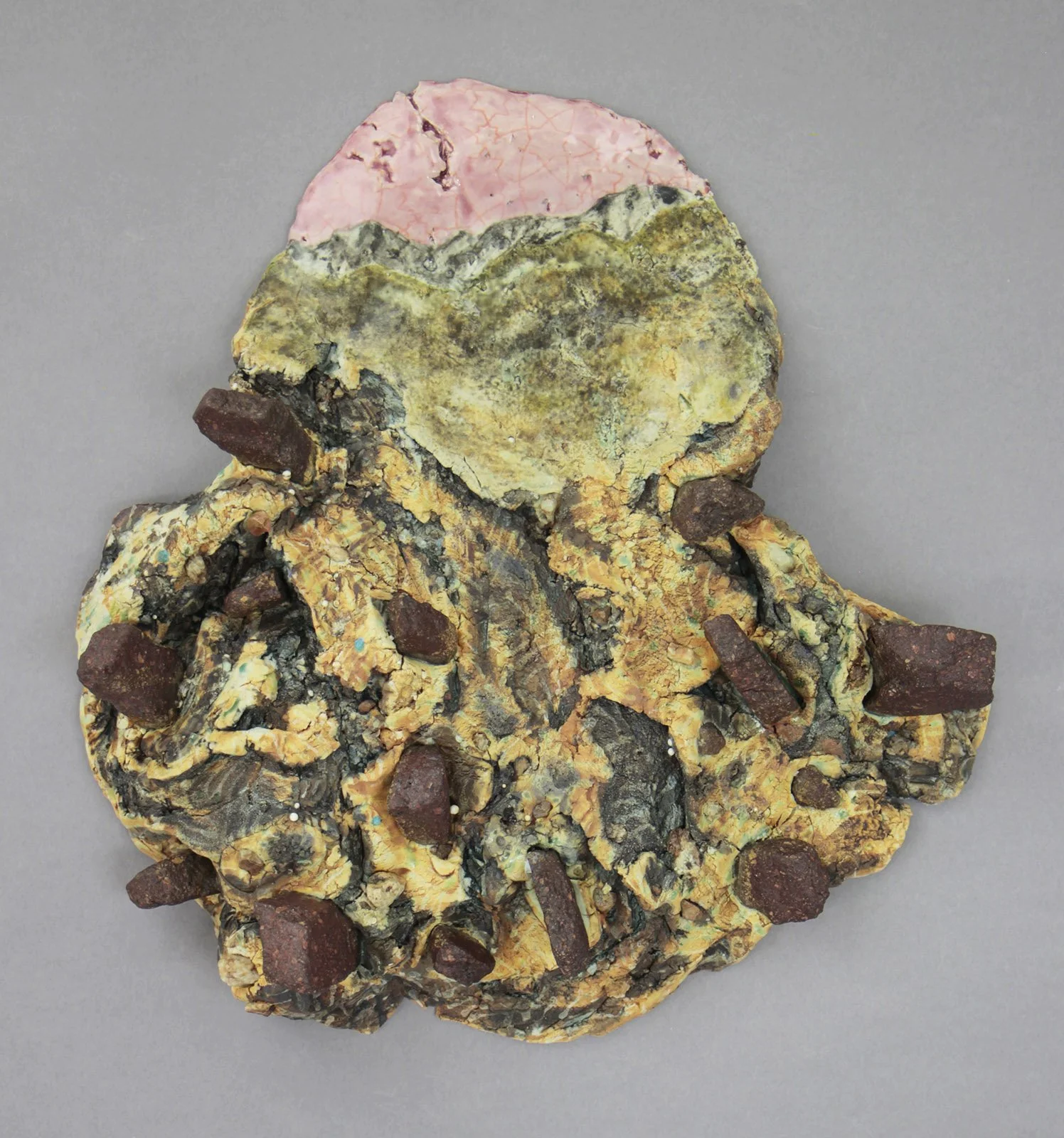  IT’S FARTHER THAN IT SEEMS Cone 5 clay, litho transfer, underglaze, oxides, rocks, glaze, epoxy 14.5”x13.5”x3.5”     2026 