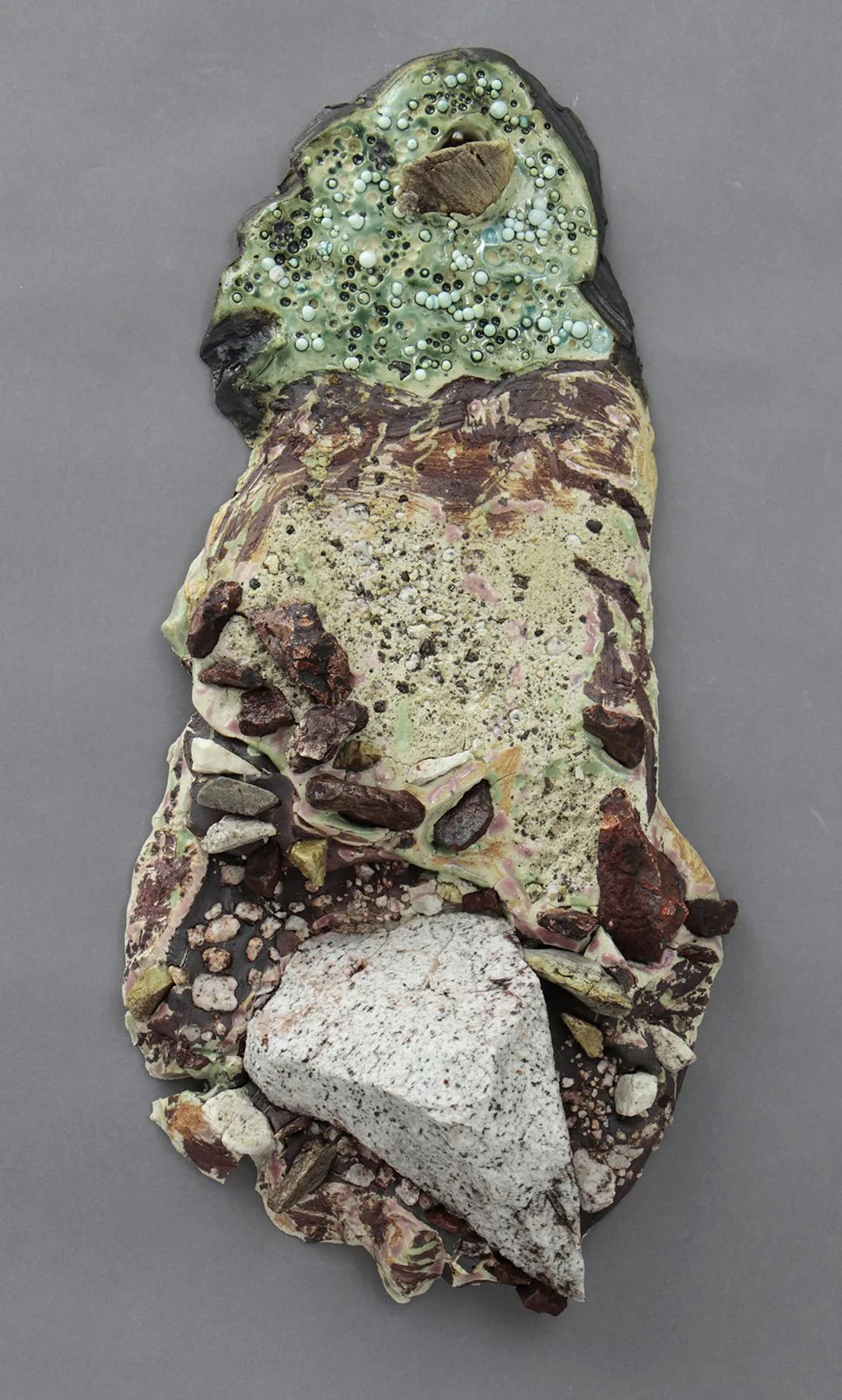  PERSPECTIVE BUBBLE SKY WITH GRANITE Cone 5 clay, rocks, glaze, oxides, found objects, epoxy 17”x8”x4”     2026 