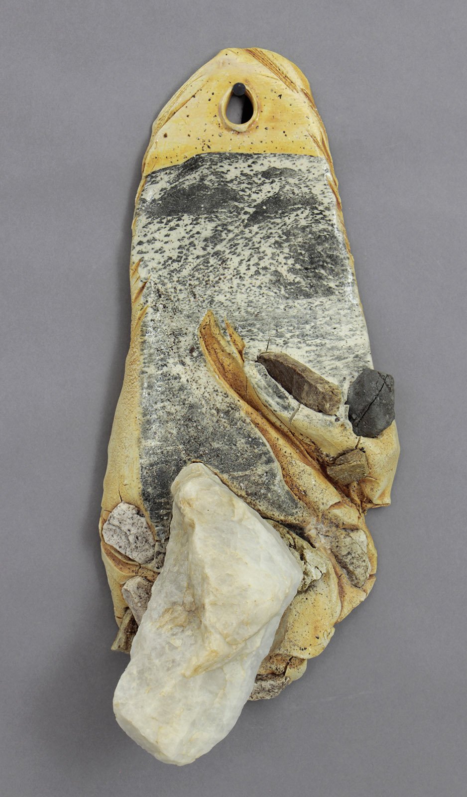  PERSPECTIVE WITH QUARTZ Cone 5 clay, litho transfer, oxides, rocks, glaze, quartz, epoxy 16”x7”x4.5”     2026 