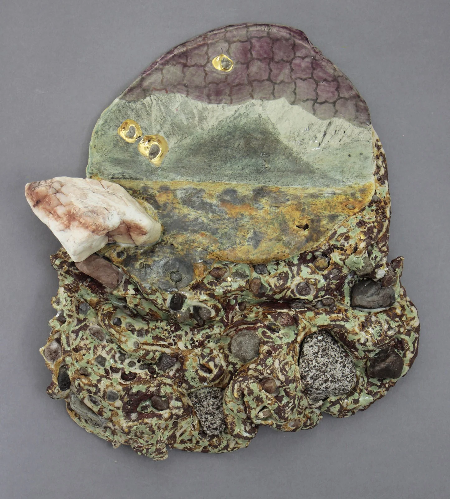 SHOOTING STARS Cone 5 Clay, litho transfer, oxides, glaze, rocks, luster, epoxy 14”x13”x4”     2026 