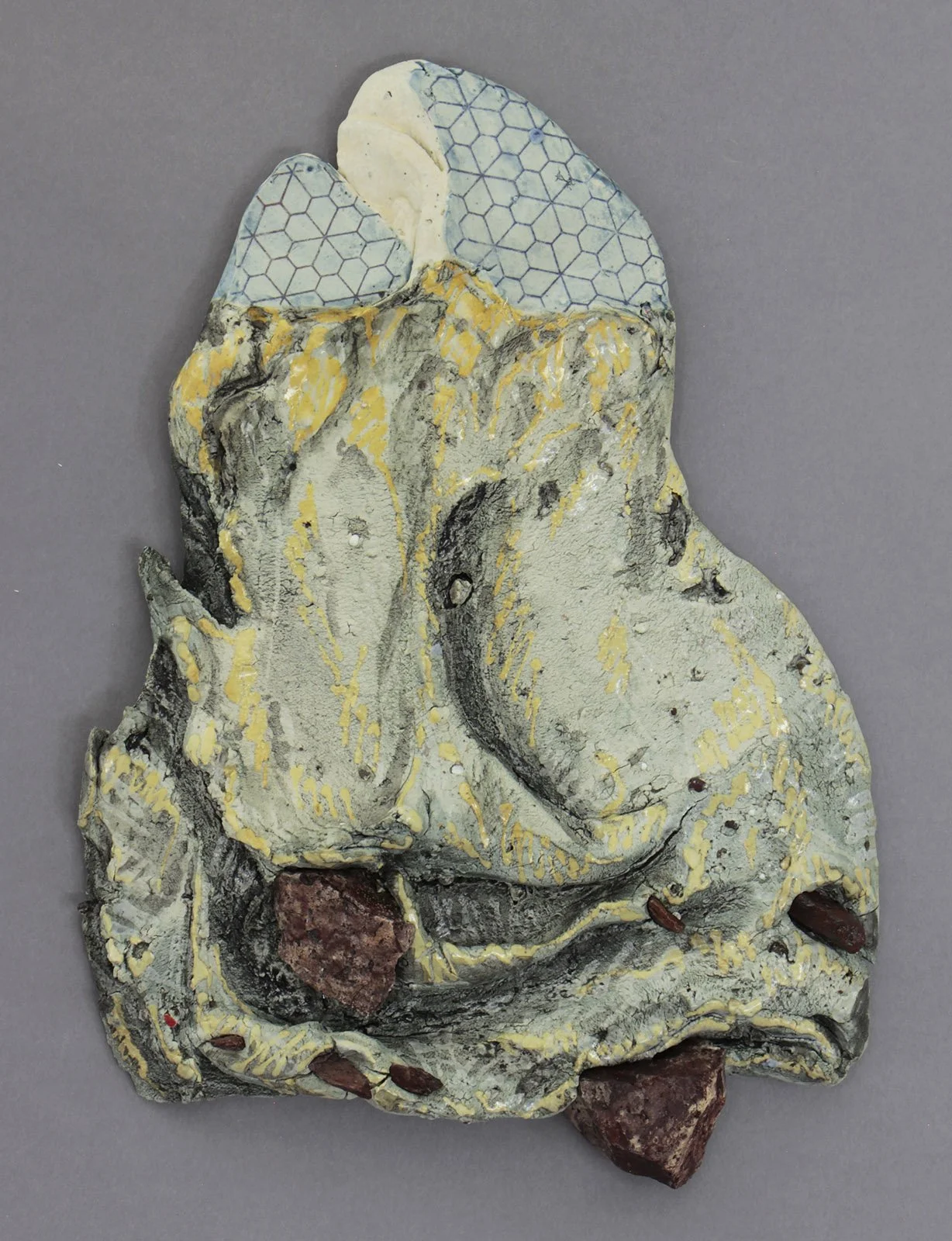 SPLIT SKY Cone 5 Clay, underglaze, oxides, glaze, sherds, rocks, epoxy 14”x10”x2”     2026 