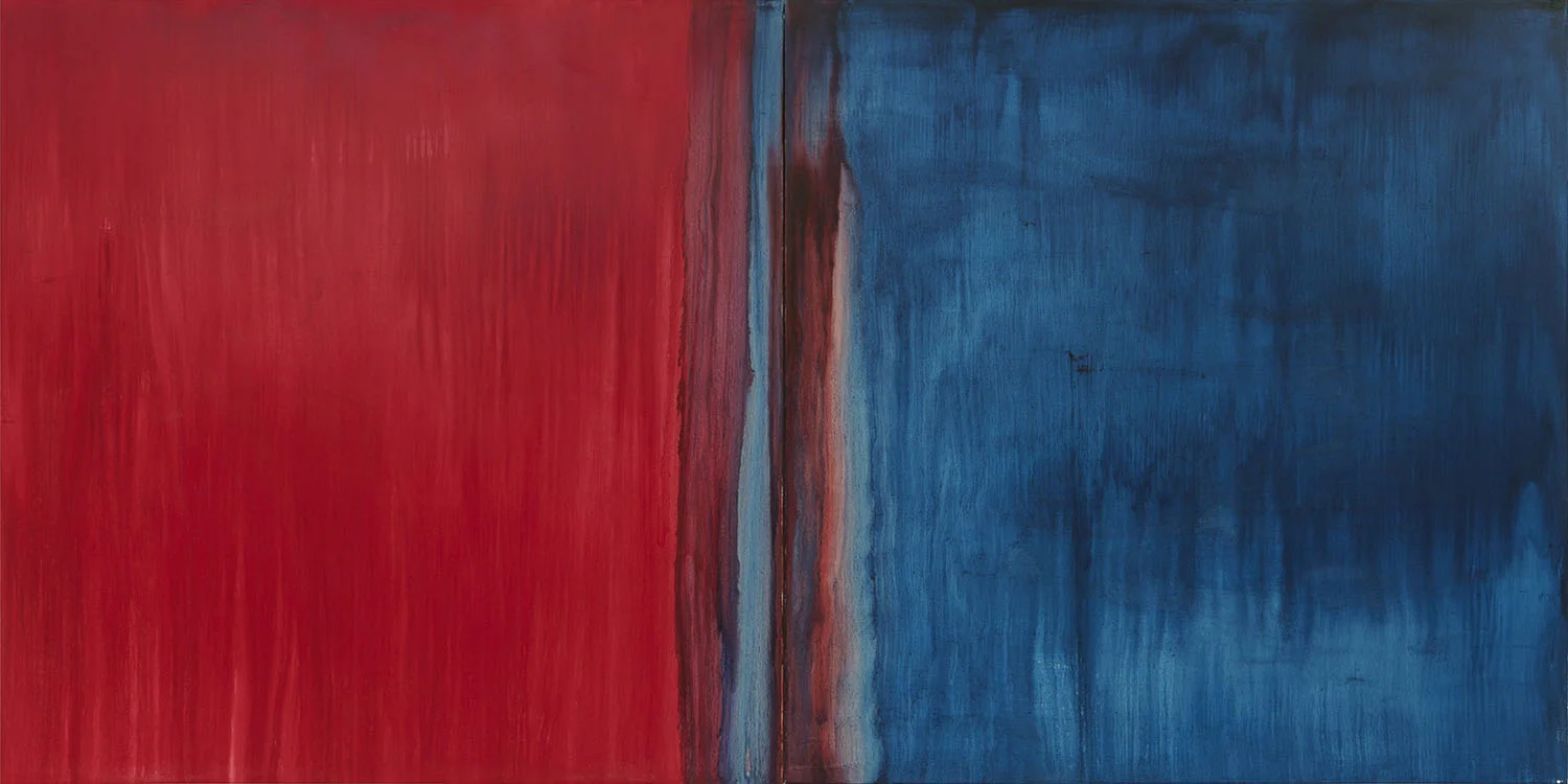 Ritual Devotion Two (madder root tone, prussian paris blue) 2013 oil on canvas, one painting in two pieces 72 x 144 inches