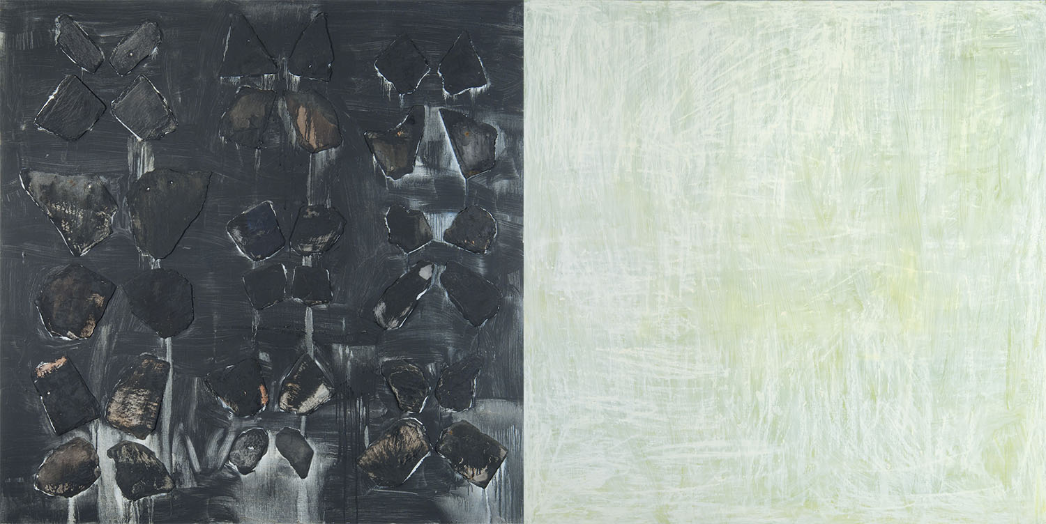 Accustomed to the Dark 2008 oil and salvaged slate on panel each panel 48 x 48 inches